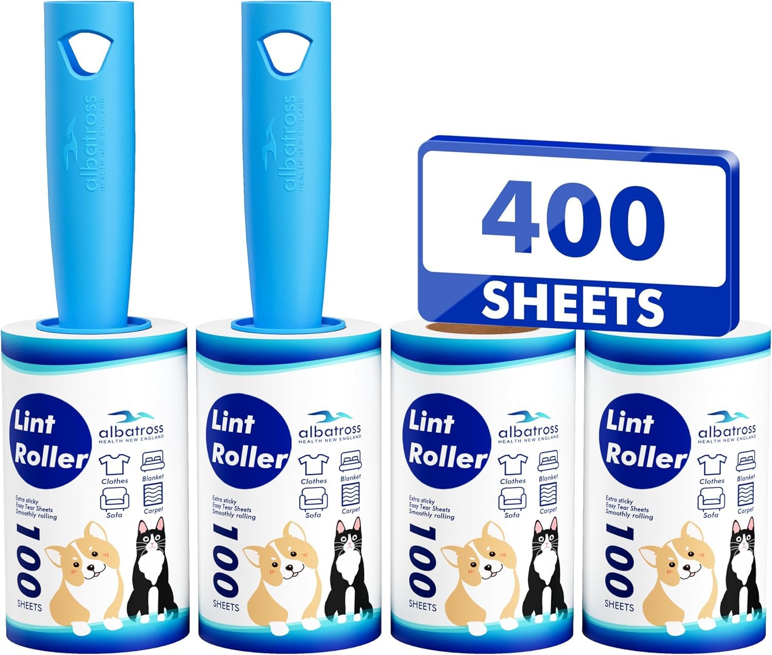 Fusselrolle Tierhaare Ultra Klebrig - 2 Griffe + 4 Rollen 400 Züge, Wiederverwendbarer Fusselroller für Haustierhaare Katze Hund auf Kleidung Möbel Teppiche