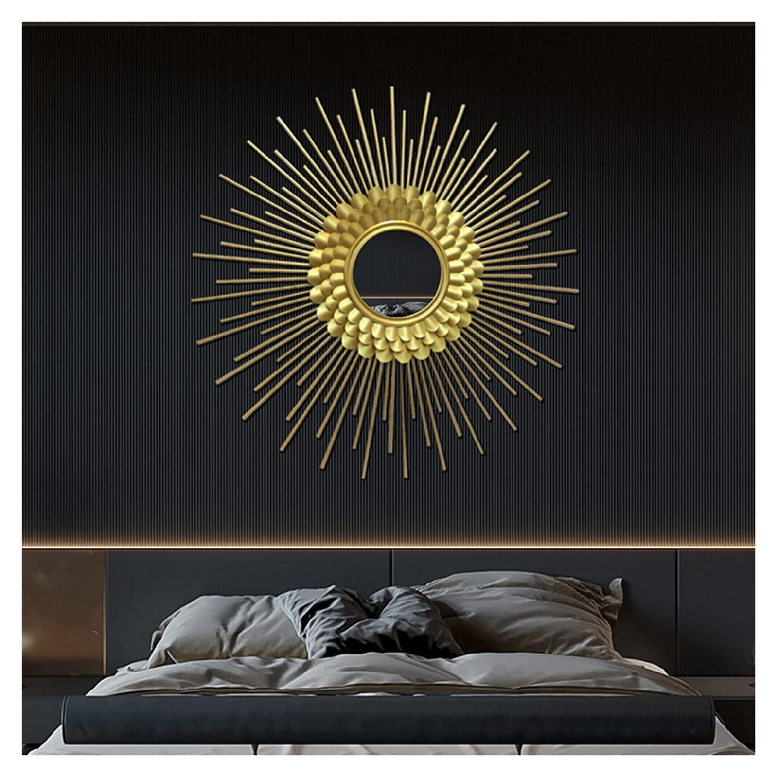 Sonnenförmiger Wandspiegel dekorativer Spiegel großer Wandmontierter runder Spiegel Golden Metall für Wohnzimmer Schlafzimmer Flur Restaurant Zubehör Accessoires,23.6in
