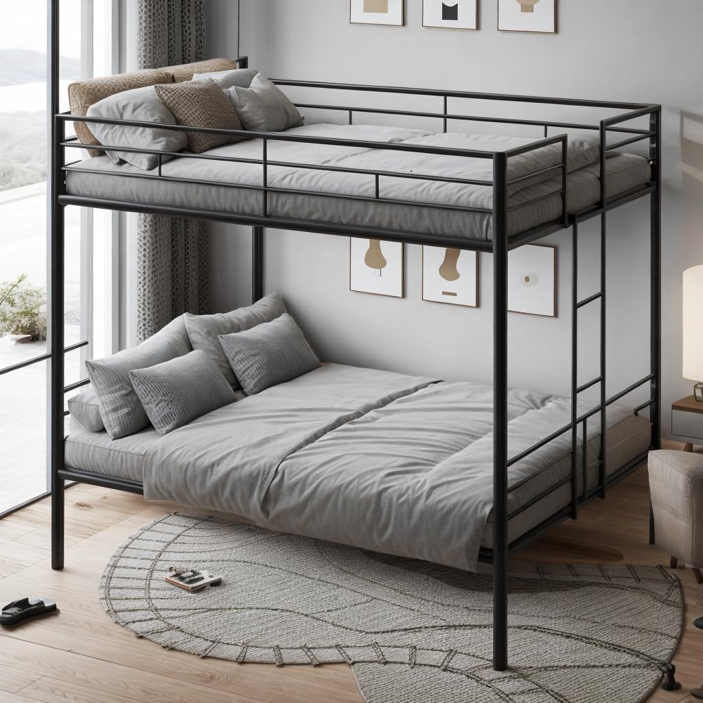 Assembled DNYN Queen Over Queen Bunk Bed in a bedroom setting with mattresses and pillows.