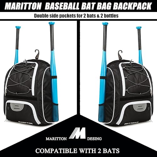 Miniatura 10 de MARITTON Bolsa de béisbol  Mochila de bate para béisbol, equipo de T-Ball y sóftbol para jóvenes y adultos con compartimento para zapatos y soporte