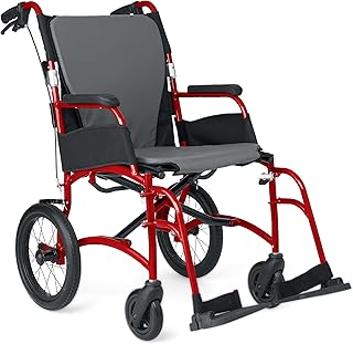 Medline Ultralight Transport Chair, Lightweight Folding Wheelchair with 12 in Rear Wheels, Padded Armrests, Swing Away Footrests, Safety Seat Belt, 300 lb Capacity, Red, 1 Count
