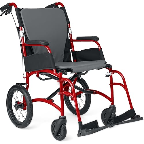 Medline Ultralight Transport Chair, Lightweight Folding Wheelchair with 12 in Rear Wheels, Padded Armrests, Swing Away Footrests, Safety Seat Belt, 300 lb Capacity, Red, 1 Count
