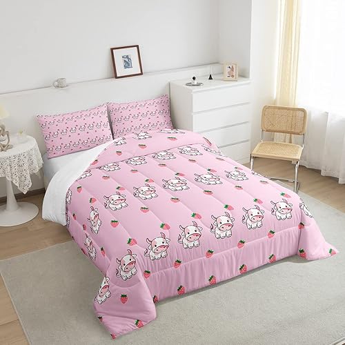 Miniatura 3 de Erosebridal Lindos juegos de edredón de vaca kawaii, juegos de ropa de cama de fresa, tamaño matrimonial, color rosa, con estampado de animales de