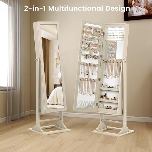 Miniatura 9 de CHARMAID Armario de joyería con espejo de longitud completa, armario de joyería con cerradura con gran almacenamiento de joyas, 6 luces LED, espejo