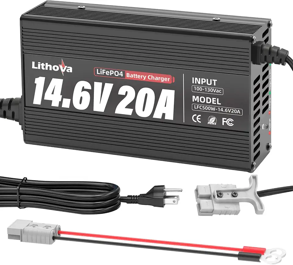 Carregador de bateria LiFePO4 de 14,6V 20A com conector Anderson, manutenção inteligente para baterias de ciclo profundo para trailers, solares, off-grid