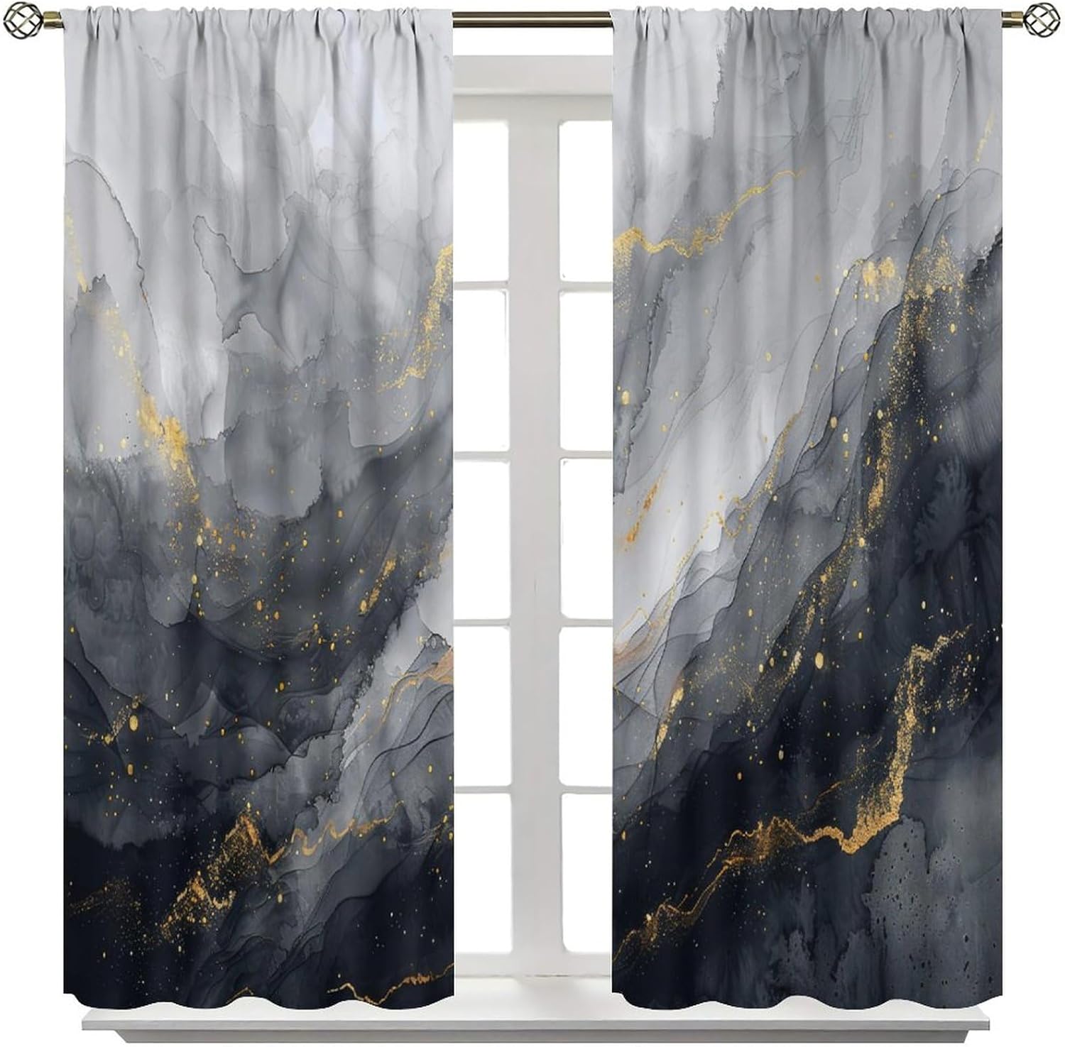 Black Gray Marble Blackout Curtains,Modern Luxury Black and Gold Abstract Line Texture Art Print Blackout Rod Pocket Window Treatments Drapes for Bedroom Living Room Kitchen 42" W X 45" L
