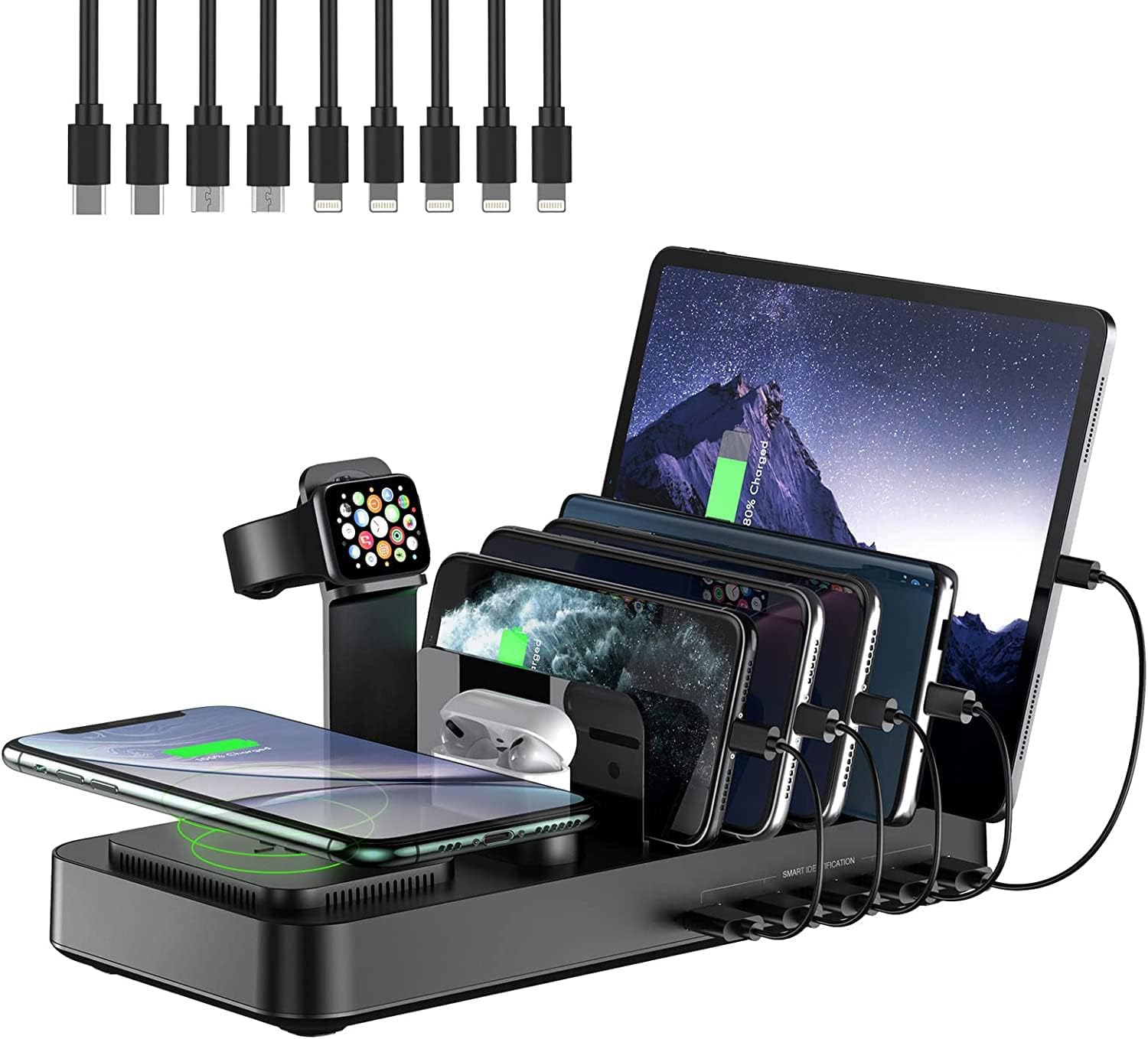 Getop Updated 8 in 1 Wireless Charging Station for Multiple Devices, Charging Dock with AirPods iWatch Charger Stand, 10W Wireless Charger and 9 Short Mixed Cables for iPhone/iPad/Tablets-Matt Black