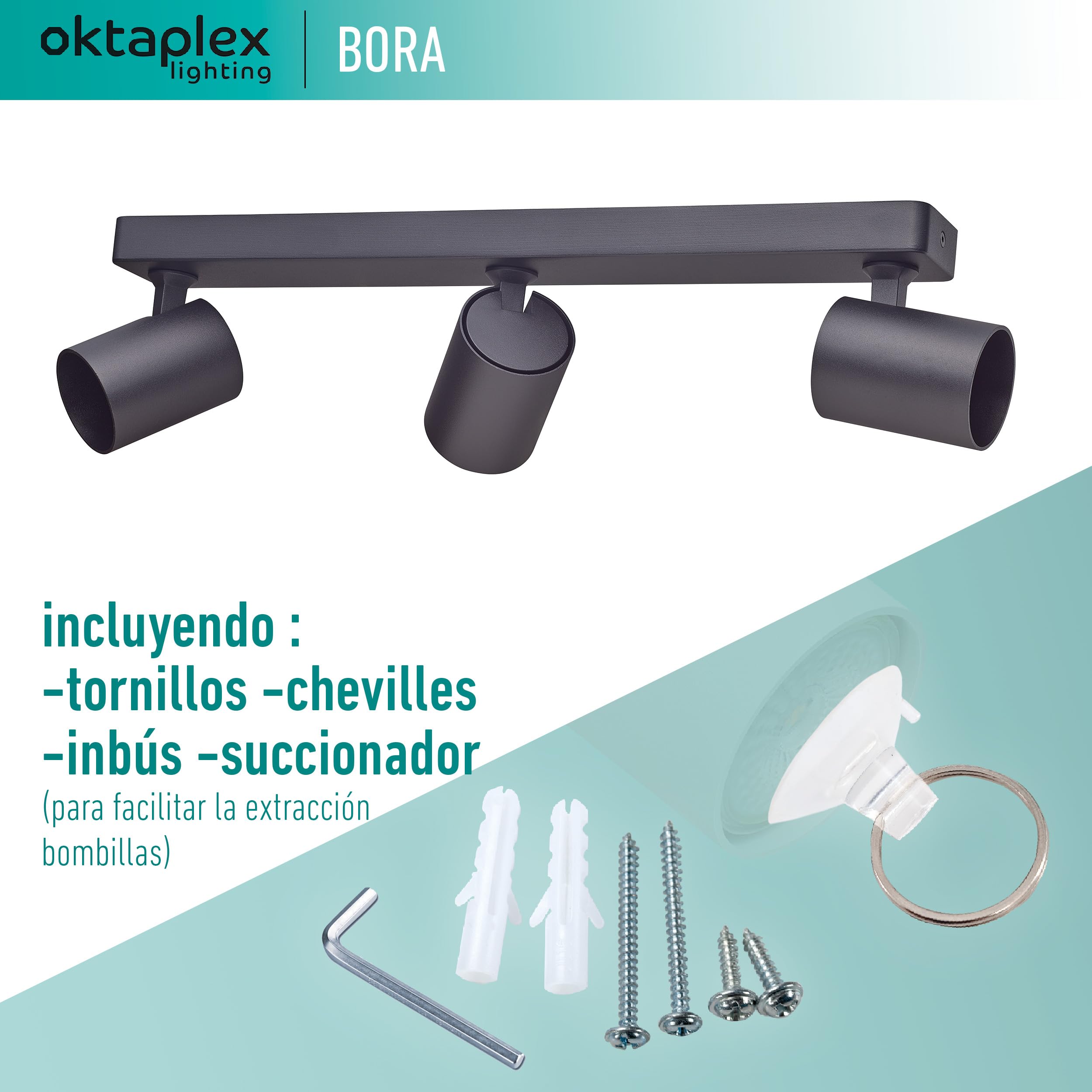 Oktaplex Bora foco de techo 3 flame GU10 LED spot bar 45 cm 230 V spot luz foco orientable lámpara de techo negro
