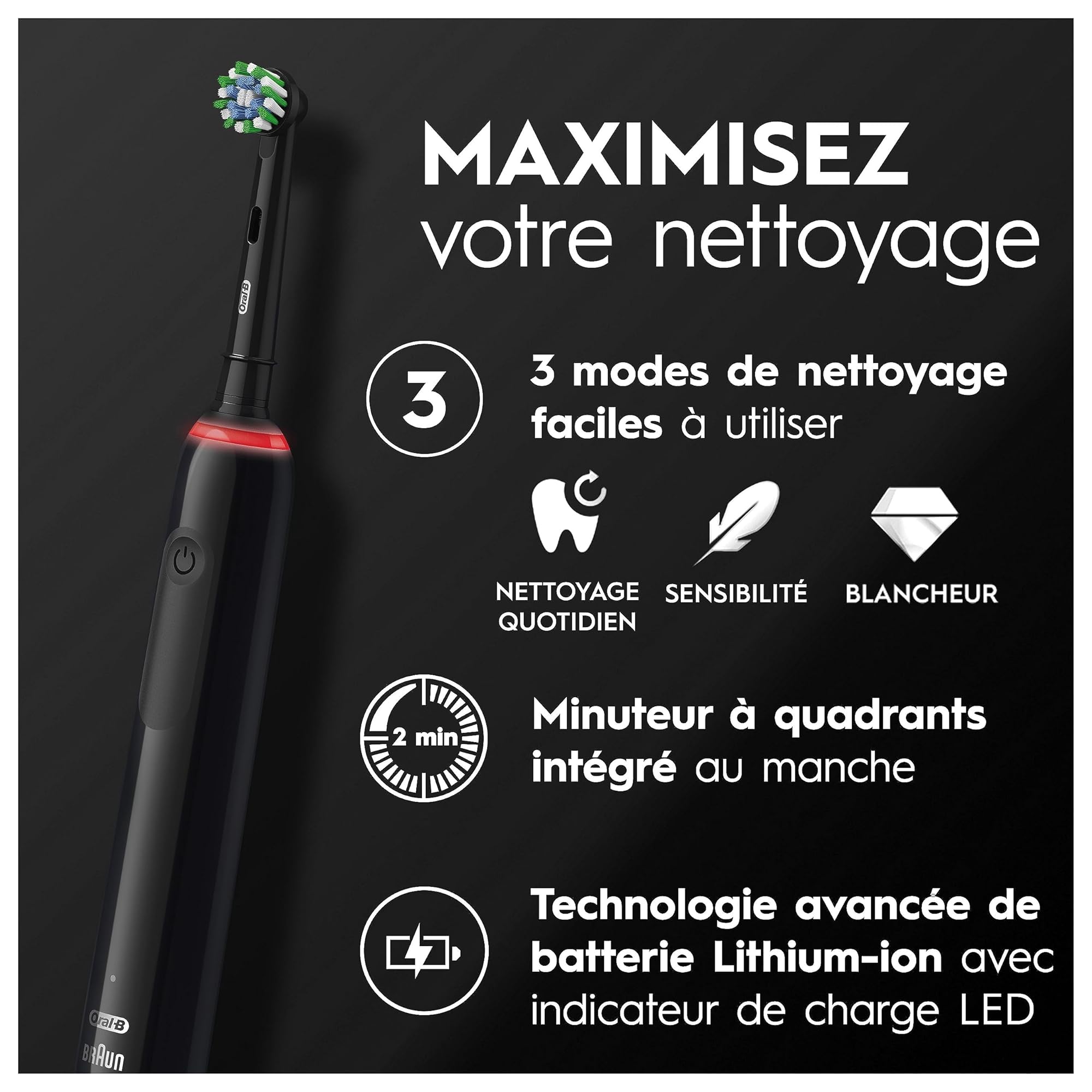 Oral-B Pro 3500 Brosse À Dents Électrique Noire, Avec Un Capteur De Pression Pour Protéger Les Gencives Sensibles, Avec Des Accessoires, 1 Brossette Ronde, 1 Étui De Voyage, Conçue par Braun