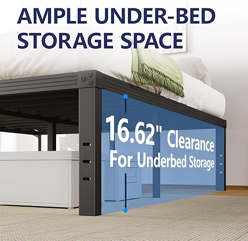 Miniatura 7 de Base de cama de metal de 18 pulgadas de alto, base de cama con plataforma tamaño completo, no necesita somier, fácil de montar, sin ruido,