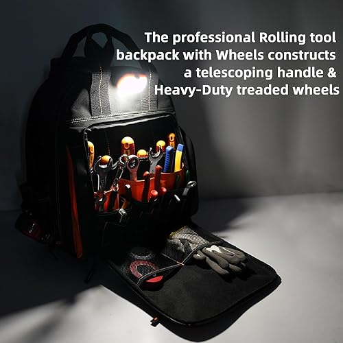 Miniatura 4 de MELOTOUGH Bolsa de herramientas rodante con luz LED con mango telescópico, bolsa de herramientas rodante resistente con ruedas, bolsa de