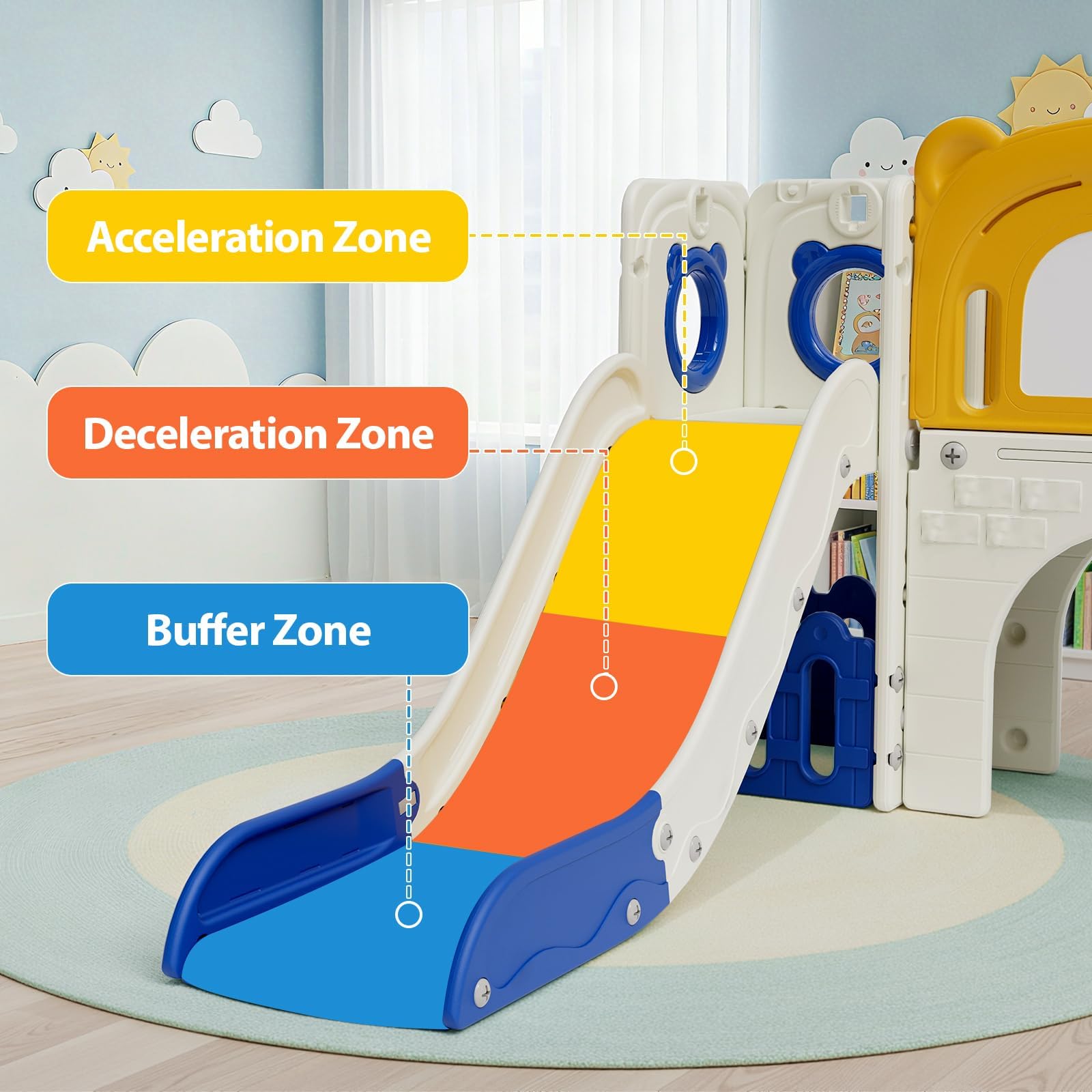 MAMIZO Parco Giochi Modulare 10 in 1 - Scivolo per Bambini da Esterno ed Interno con Canestro da Basket, Telescopio,Tunnel, Tavolo da Disegno,Spazzola e Vano Deposito (Giallo Verde), 4PCS Moduls