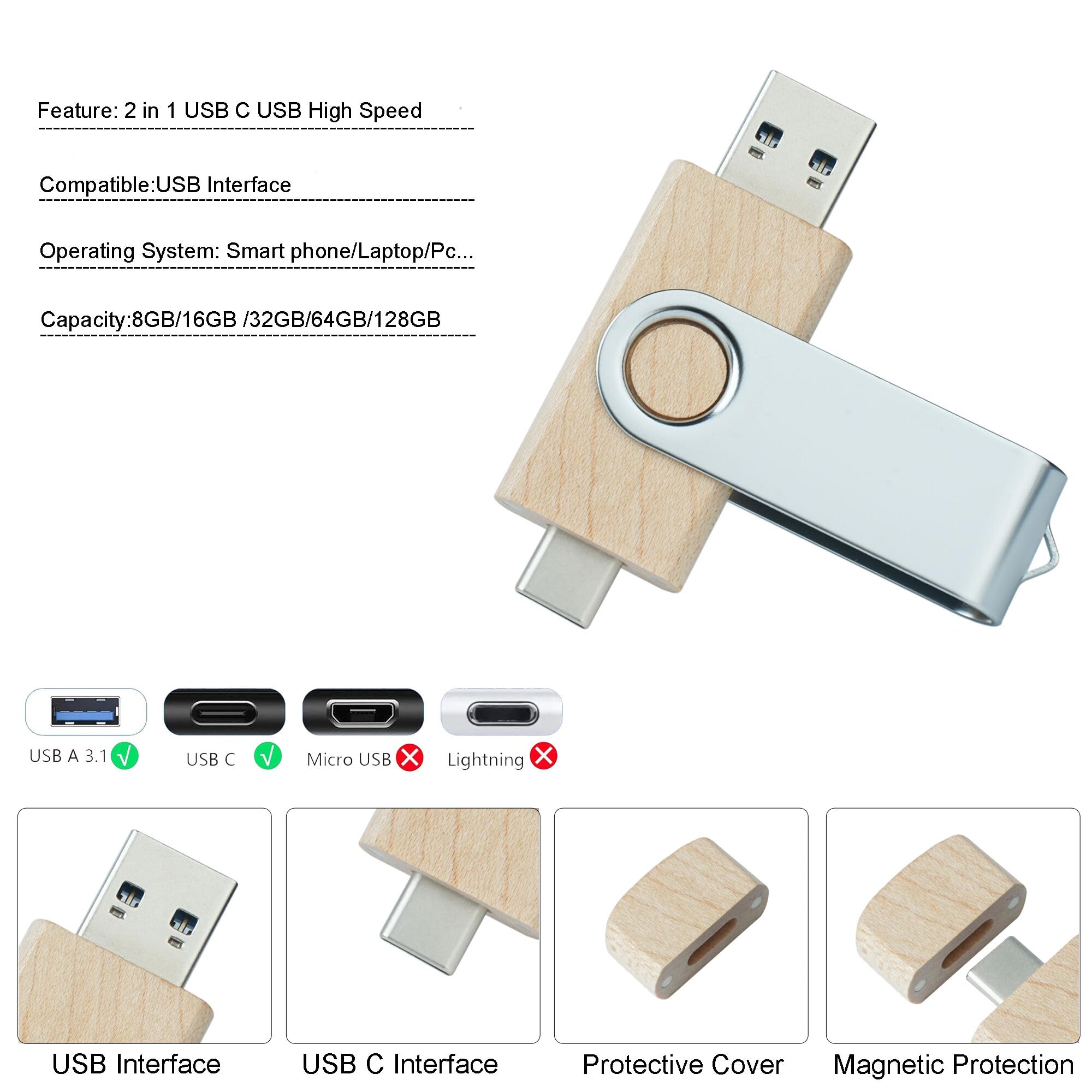 Pamięć USB C, 64 GB, pamięć USB C, pamięć USB 3.0, szybki napęd USB C, podwójny pendrive OTG, drewno klonowe, do telewizora, samochodu, smartfonów, komputera, laptopa, 5 sztuk