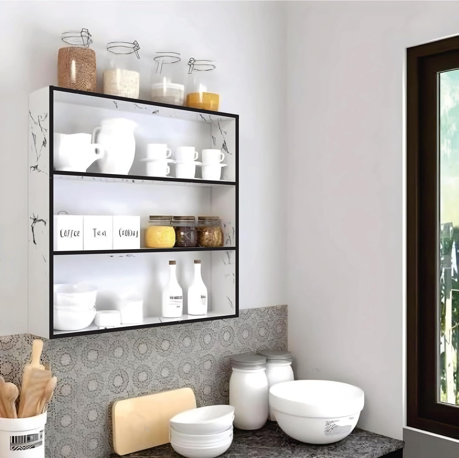 VIBE HEAVEN Wodden wall mounted kitchen cabinets storage racks wall mounted kitchen cabinet storage kitchen storage cabinet wall mounted with 4 Shelves (MARBEL)-image-21
