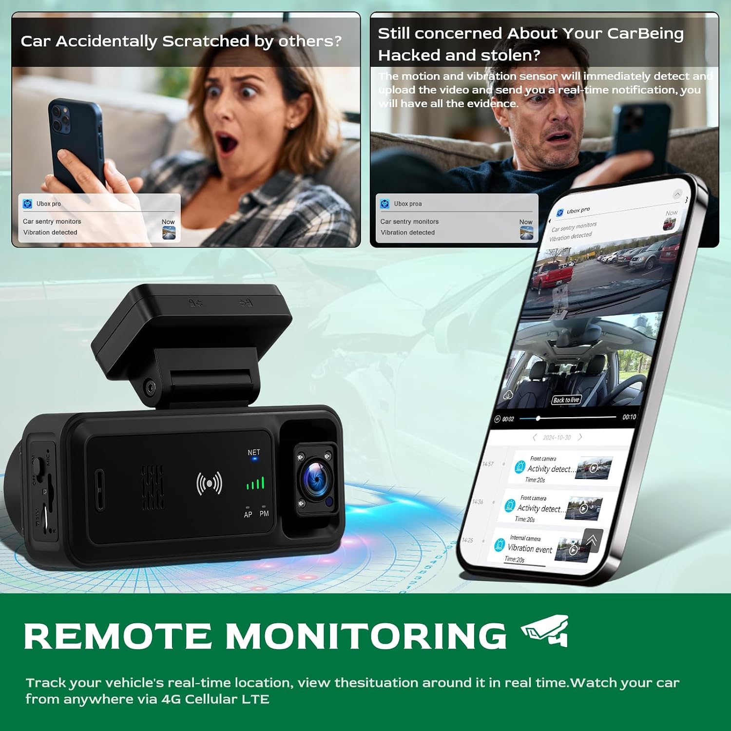 4G LTE Dash Cam Front & Inside 1080P Dual Camera, 24H Remote Monitoring, GPS Tracking, 5G WiFi APP, Cloud Storage, Night Vision, 64GB Card Included for Car Truck Van