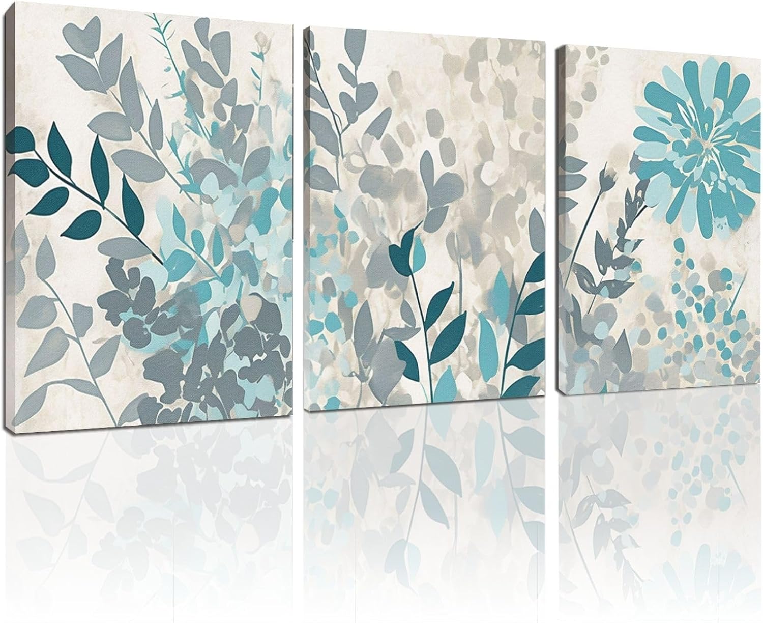sawjug Teal Botanical Wall Art 3 Pieces Set,Watercolor Flower Wall Art,Abstract Flowers Paintings Wall Decor,Botanical Bathroom Decor for Bedroom (12" x 18" x 3 pcs)
