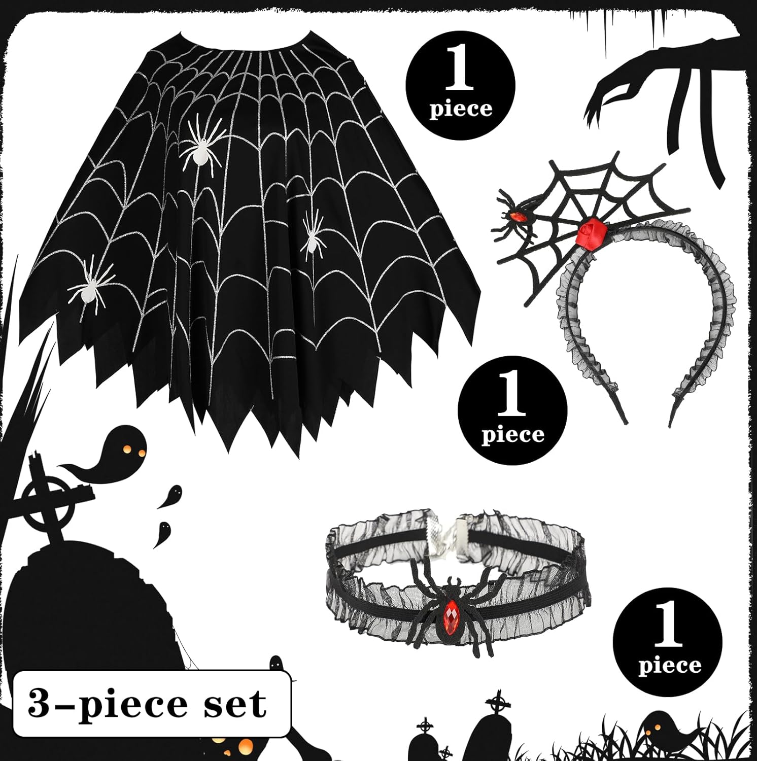 3Pcs Spider Web Poncho Costume for Women,Glow in the Dark Spider Adults Cape with Headband Choker,Halloween costume Outfit - Image 4
