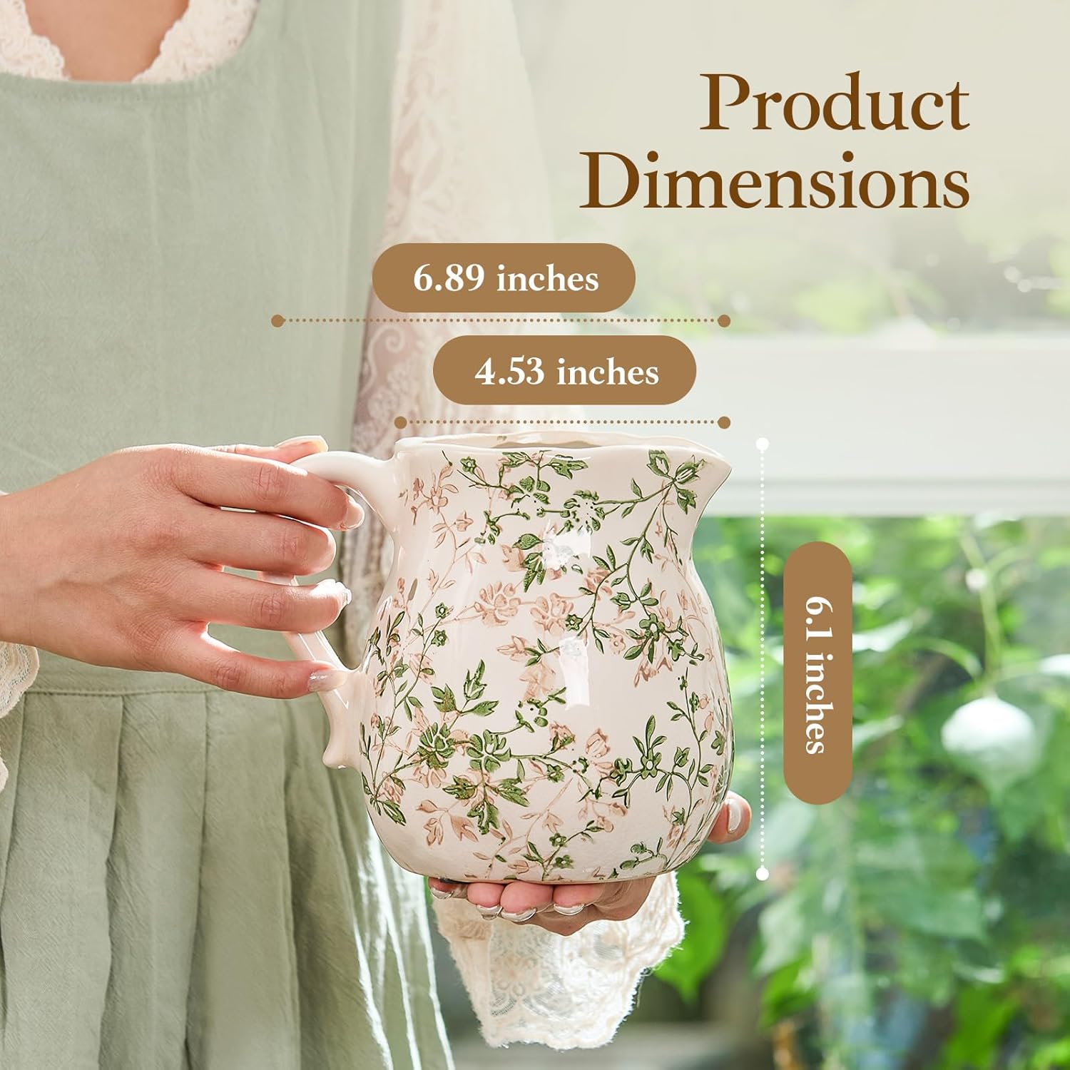 Vintage White and Green Floral Ceramic Vase with Handle, Retro Ice Glazed Crack Farmhouse Pitcher Vase for Home Decor, Living Room, Shelf, Office, Rustic Table Centerpiece 6 Inch - Image 3