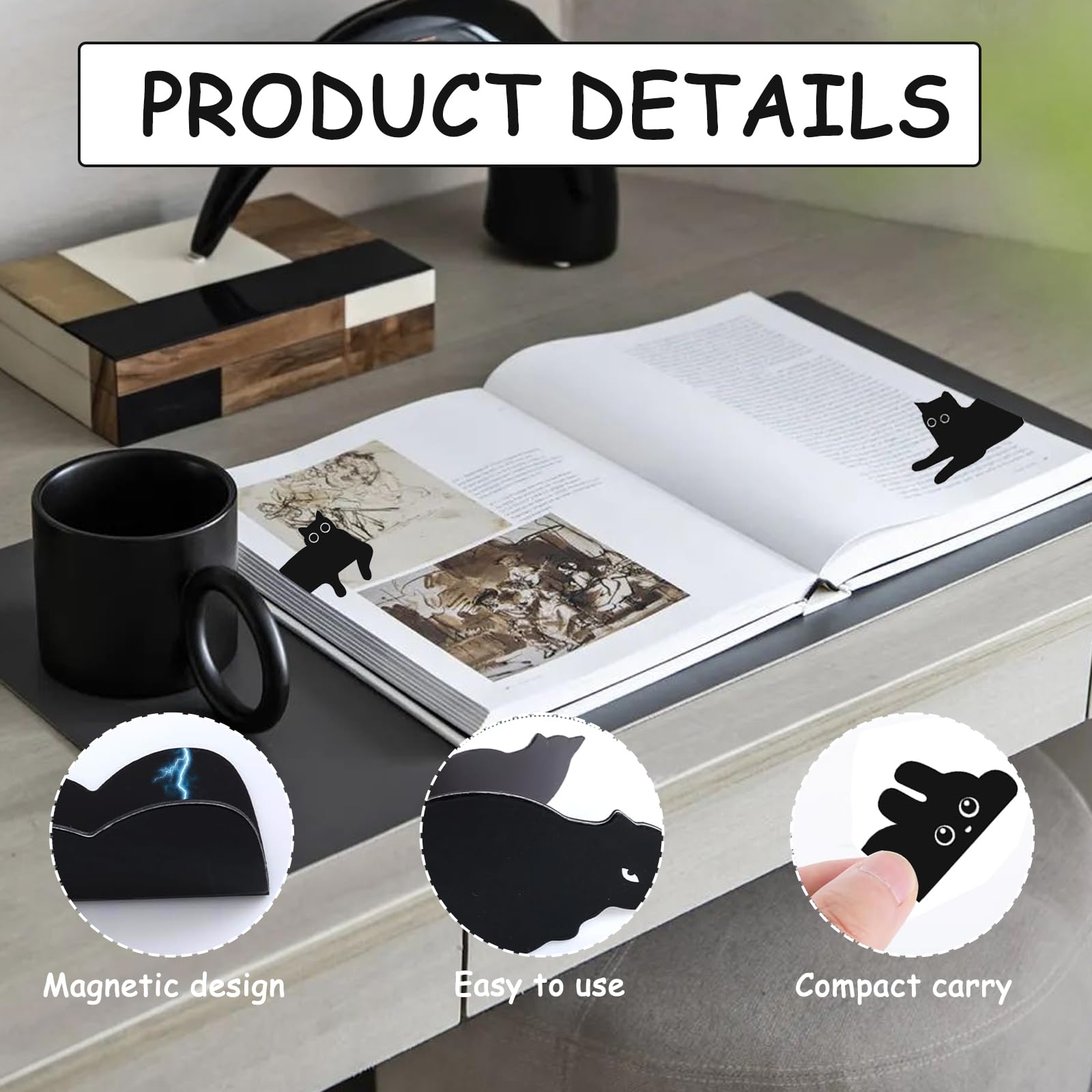 6 x magnetische boekenleggers, zwarte katjes, bladwijzers, silhouetten, katten, merk, boeken, origineel cadeau voor kinderen, jongeren, scholieren, verjaardag, Halloween, Kerstmis