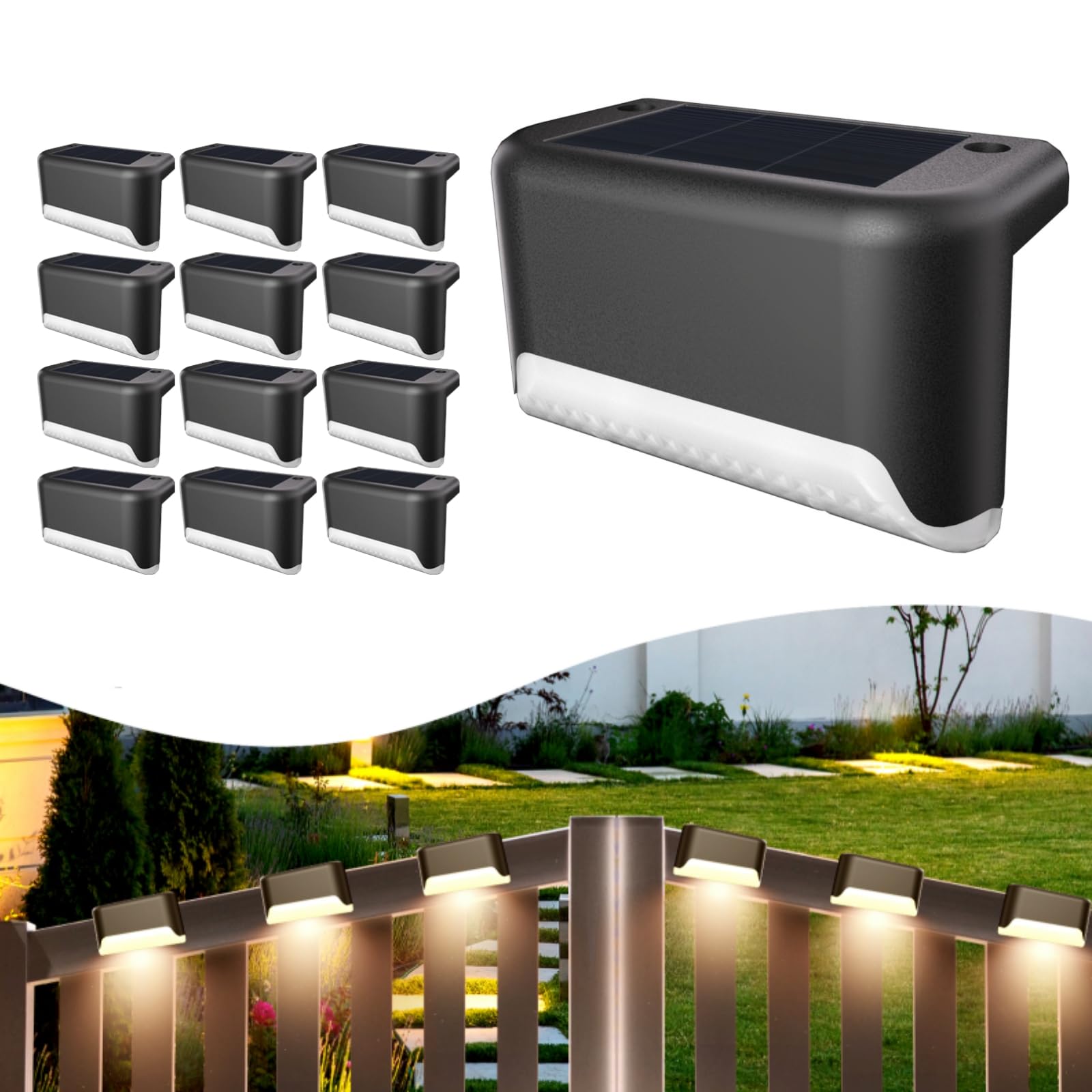 Solar Deck Lights Outdoor, 12 Pcs Solar Step Lights, Waterproof LED Solar Lights for Outdoor Stairs, Step, Fence, Yard, Patio, Railing, Garden and Pathway