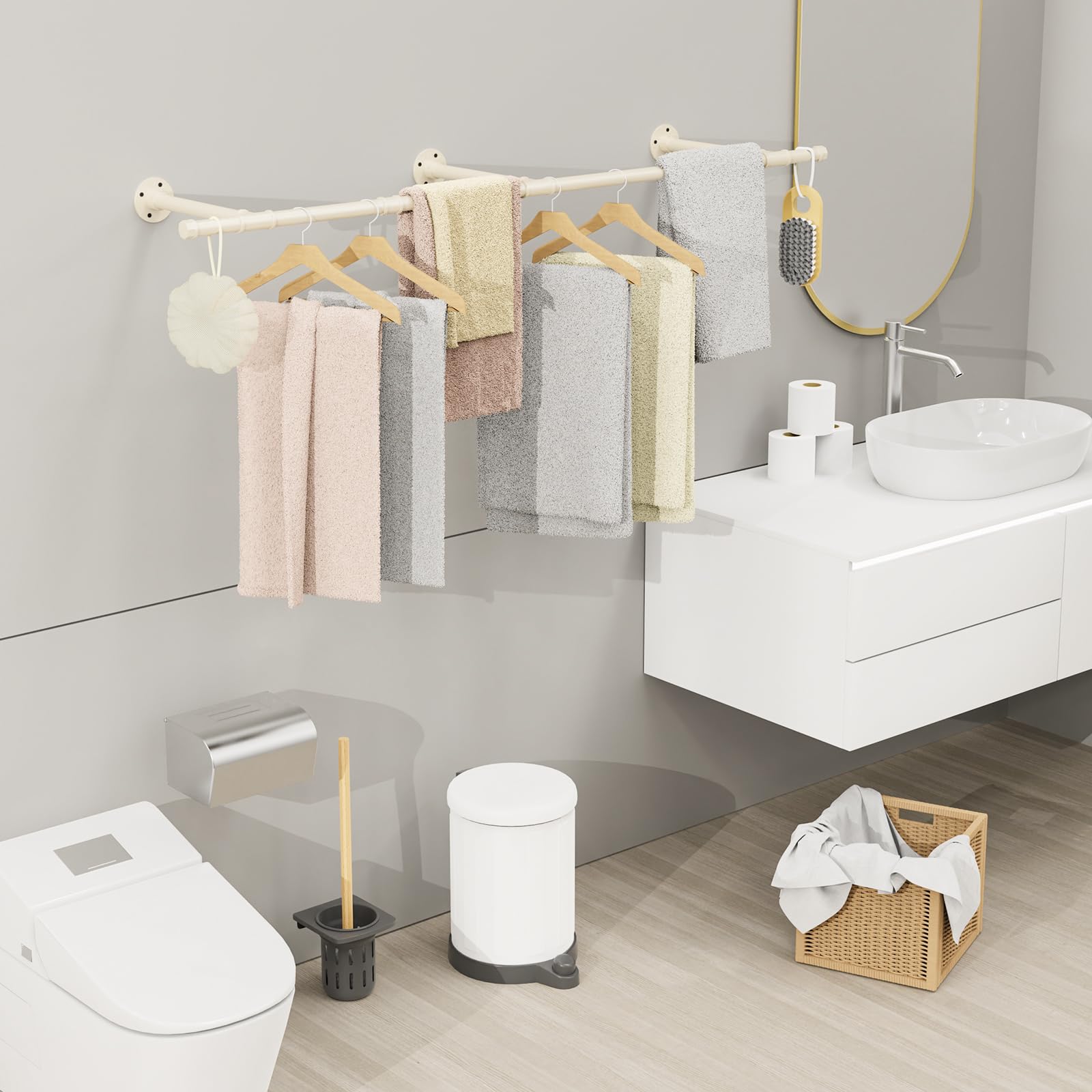 Porte Manteau Mural Tringle, Penderie Murale 150cm, Barre Dressing Industriel, Portant pour Salon, Chambre, Gain de Place, Montage Facile, Robuste et Durable, Beige