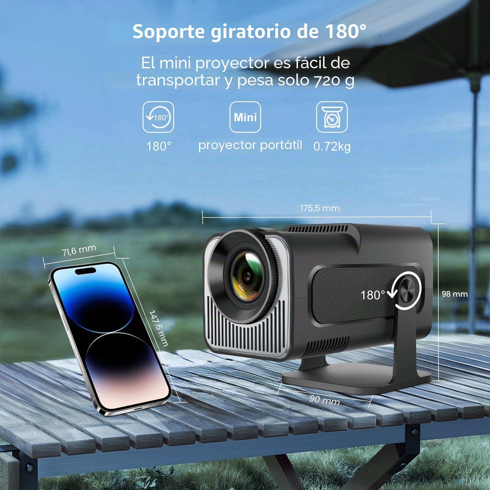 HY320 Mini proyector Full HD compatible con teléfono móvil Android 4K al aire libre, mini proyector portátil de cine en casa, WiFi, Bluetooth 1080P, rotación de 180 grados, portátil con TV Stick/USB