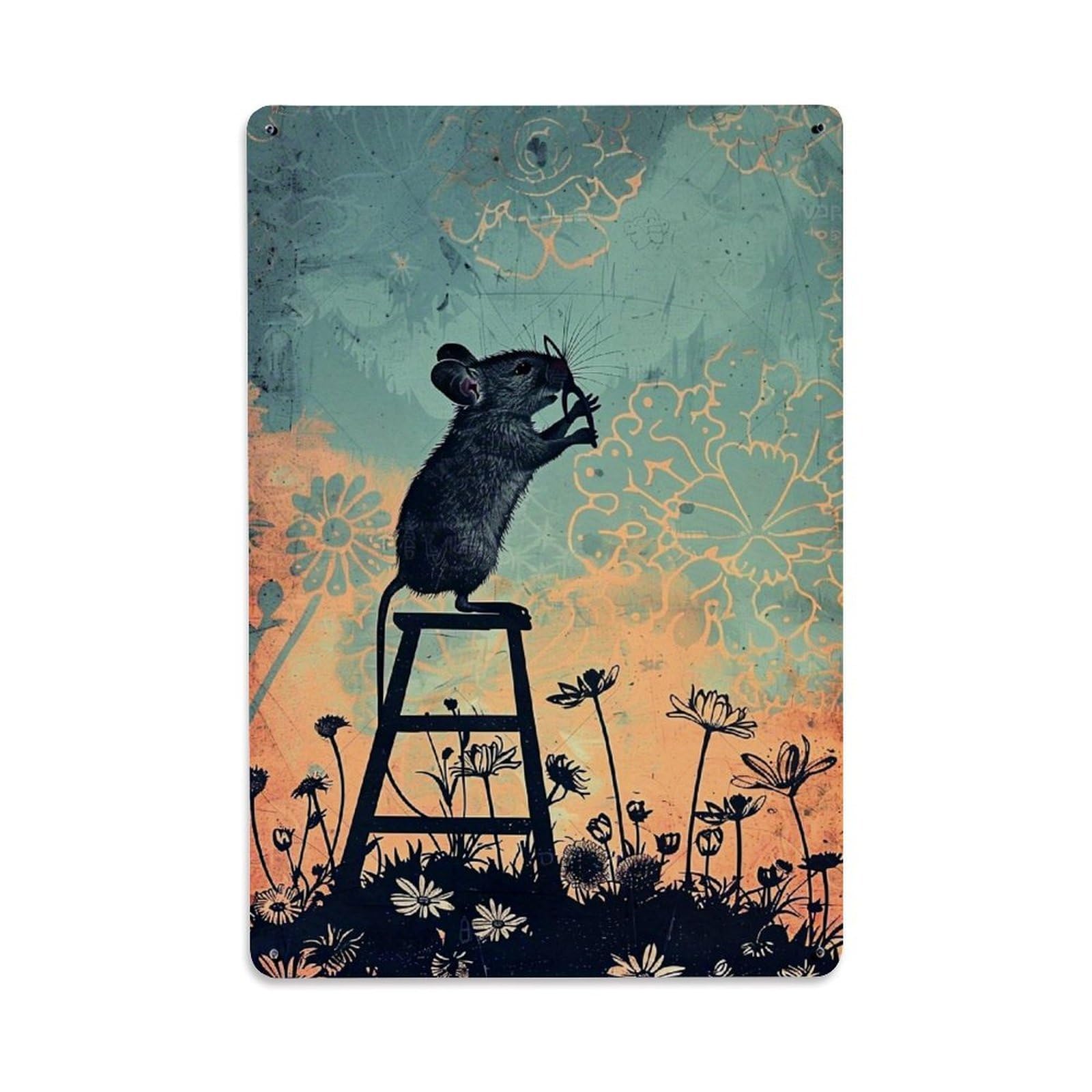 Whimsical Mouse On Stool With Flowers Tin Sign Metal Poster Vintage Metal Signs for Home Man Cave Bar Cafe Kitchen laundry room Wall Decorations Gift 8x12Inch