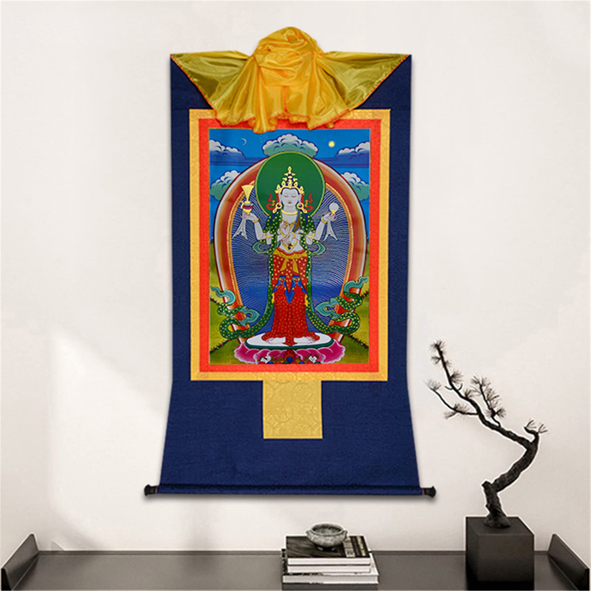 Gandhanra Thangka Tibetische Wandbehang,Chenrezig Thagnka,Heißgeprägter Buddha Wandteppich für Zen Wohnkultur, Meditation, Spirituelle Entspannung und Ruhe