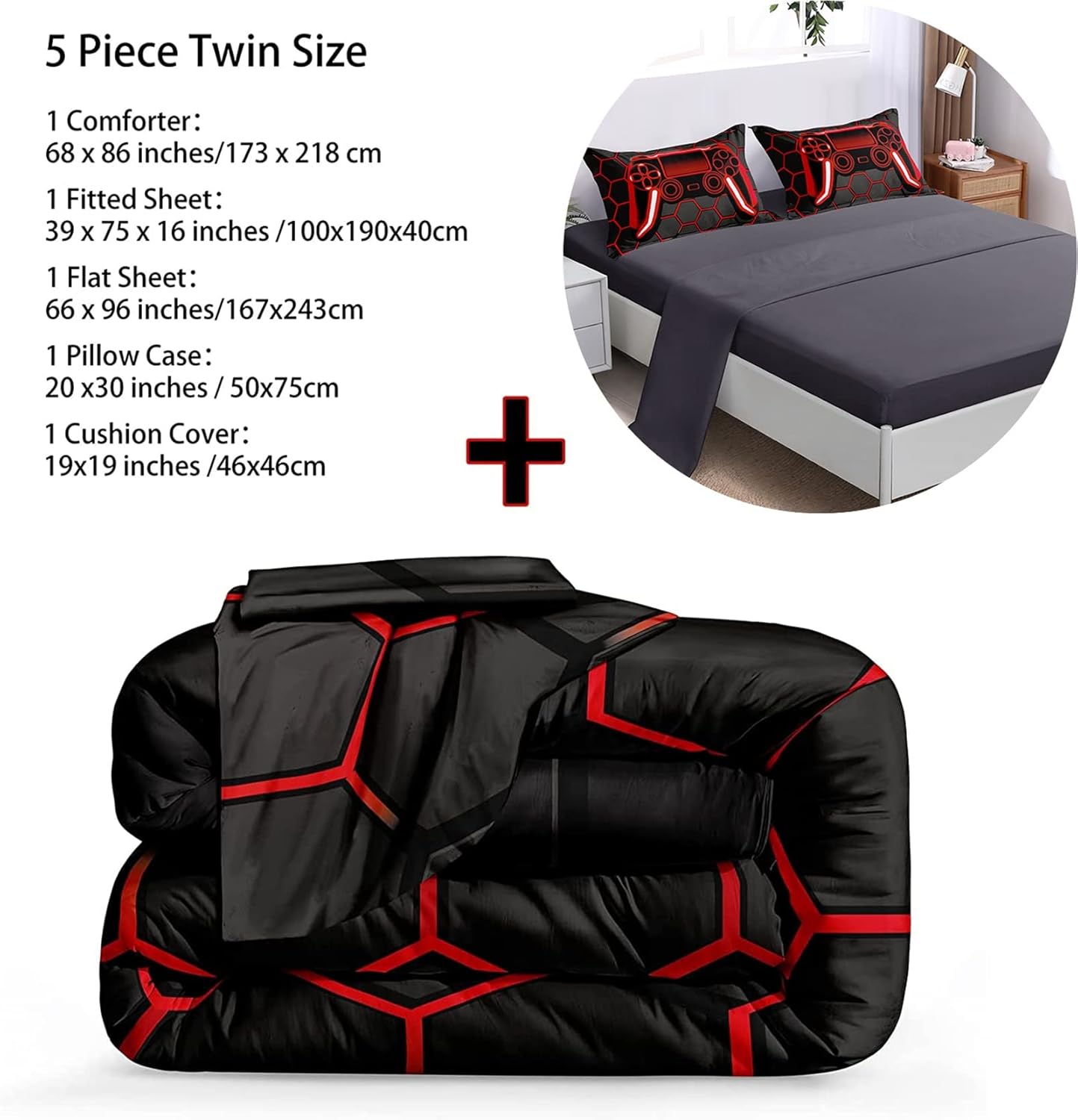 BDUCOK 5 Piece Gamer Comforter Sets Bed in A Bag for Boys Teen Kids,Honeycomb Gaming Bedding Sets Gamepad Comforter Microfiber Bed Set for All Season Gamer Home Decor(red, 5 Piece Sets30023-Twin) - Image 2
