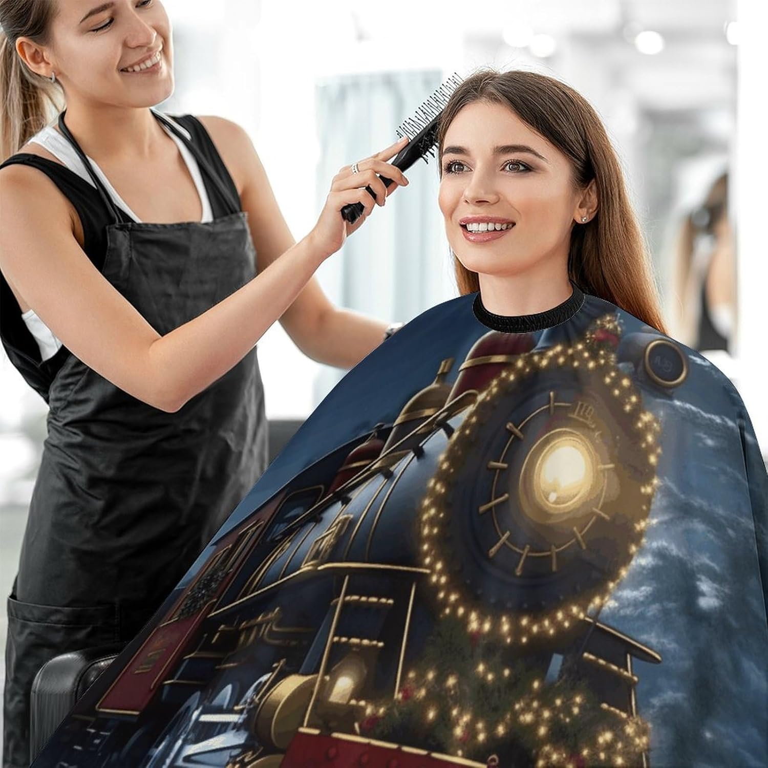 Christmas Train Apron for Women Men,Barber Cape with Adjustable Snap Closure,Hair Cutting Cape,66.9 X 56.7 Inches for Hair Dye, Comb-out, Styling, Shampoo