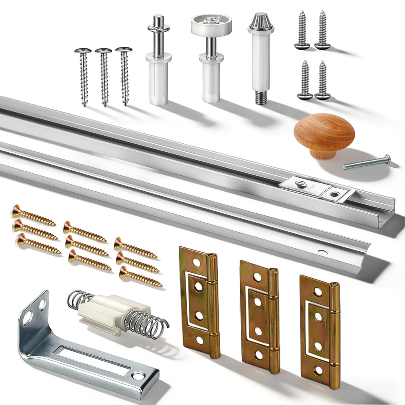 Bifold Door Track Kits, 36 Inch Bifold Door Hardware with Track Bi-fold Closet Door Hardware Repair Tool Kit Bifold Gate Hardware Repair Replacement Part Included Pivots Wheels Spring and Steel Track