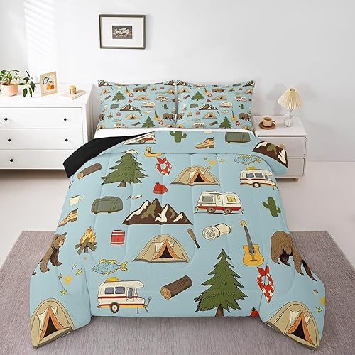 Miniatura 9 de Juego de edredón de oso de caza, tamaño matrimonial, juego de ropa de cama de campamento feliz para niños, edredón con temática de cámper, juego de