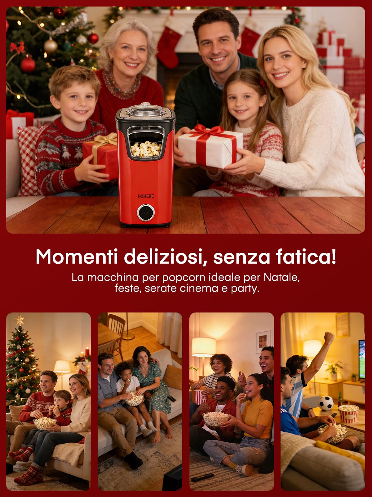 FOHERE Macchina Popcorn, 1100W Macchina per Pop Corn Dotato di Misurino e Coperchio Trasparente, Senza Grassi Né Oli, Gustoso e Salutare, Ideale per Serate Cinematografiche e il Natale