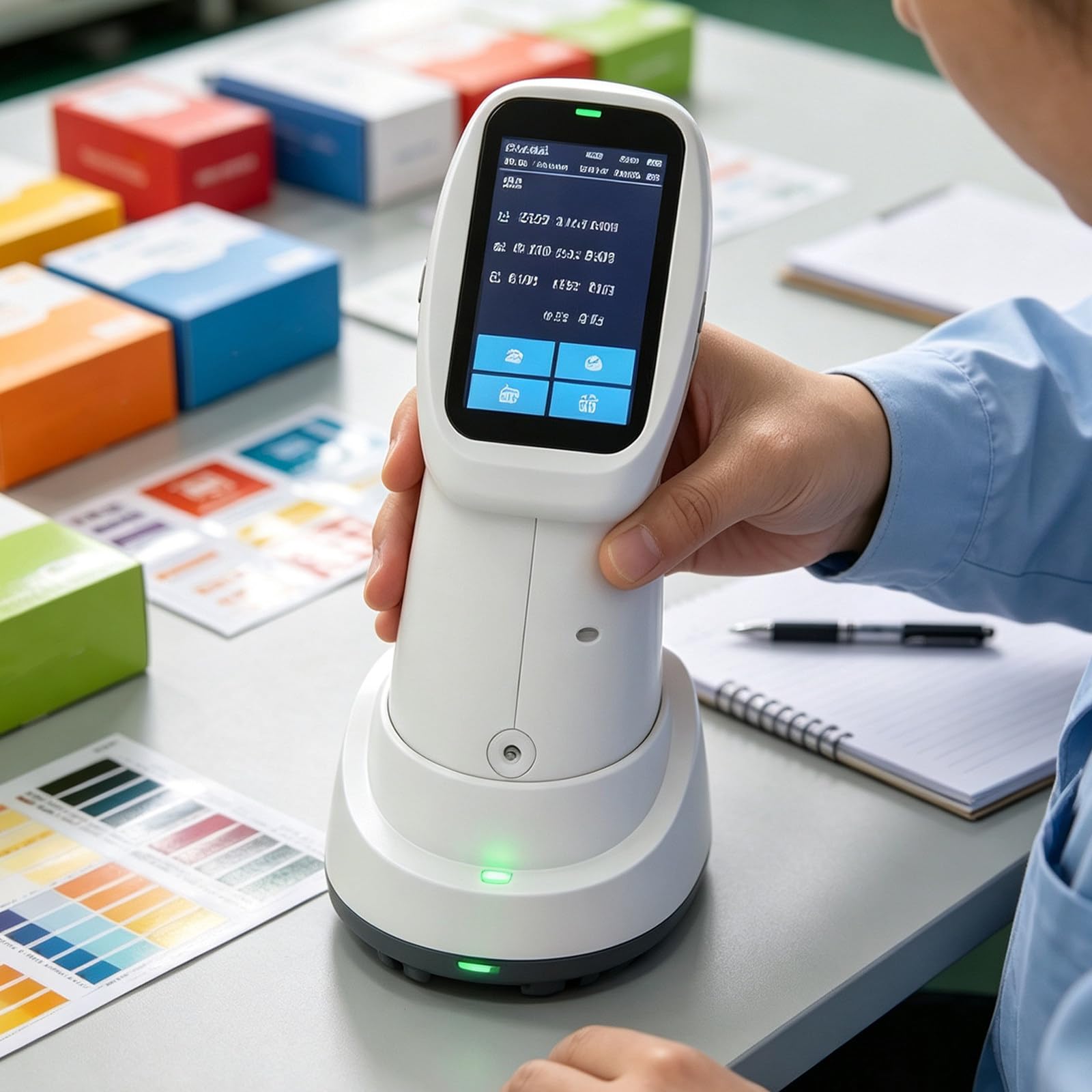 Przenośny analizator kolorów i spektrofotometr przemysłowy; tester kolorów z wieloma źródłami światła i ekranem dotykowym; eksport danych przez USB; do monitorowania kolorów PS220