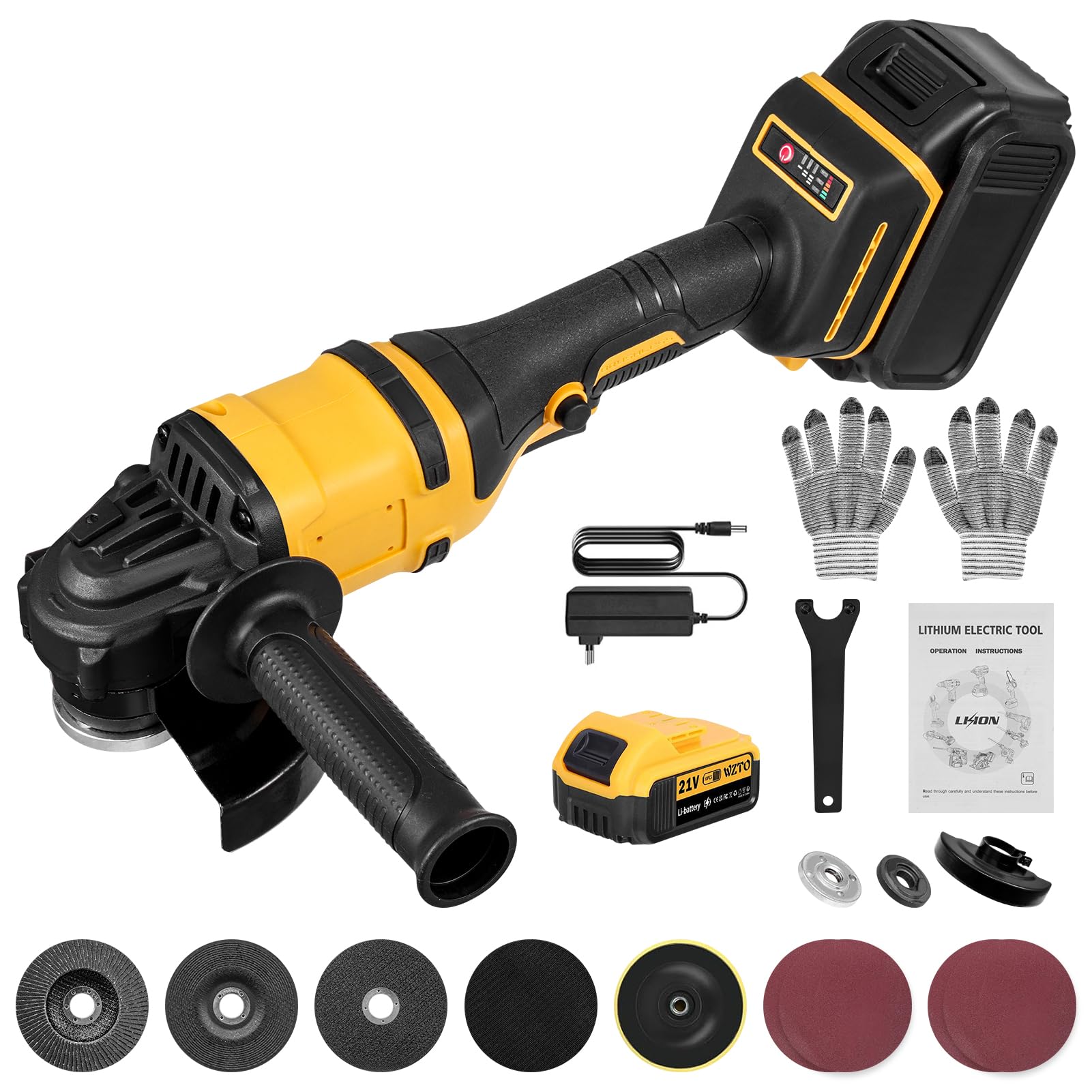 21V Akku-Winkelschleifer mit bürstenlosem Motor, inklusive Akku und Ladegerät, 125-mm-Trennscheiben zum Trennen, Schleifen und Polieren, 30.000 U/min (Eine Batterie)