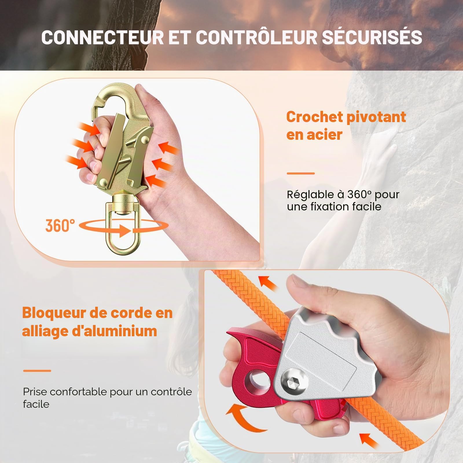 Kit de corde en acier Flip Line - Cordon en acier avec mousqueton triple verrouillage - Cordon réglable - Corde d'escalade pour arbres, arboriculteurs, protection contre les chutes