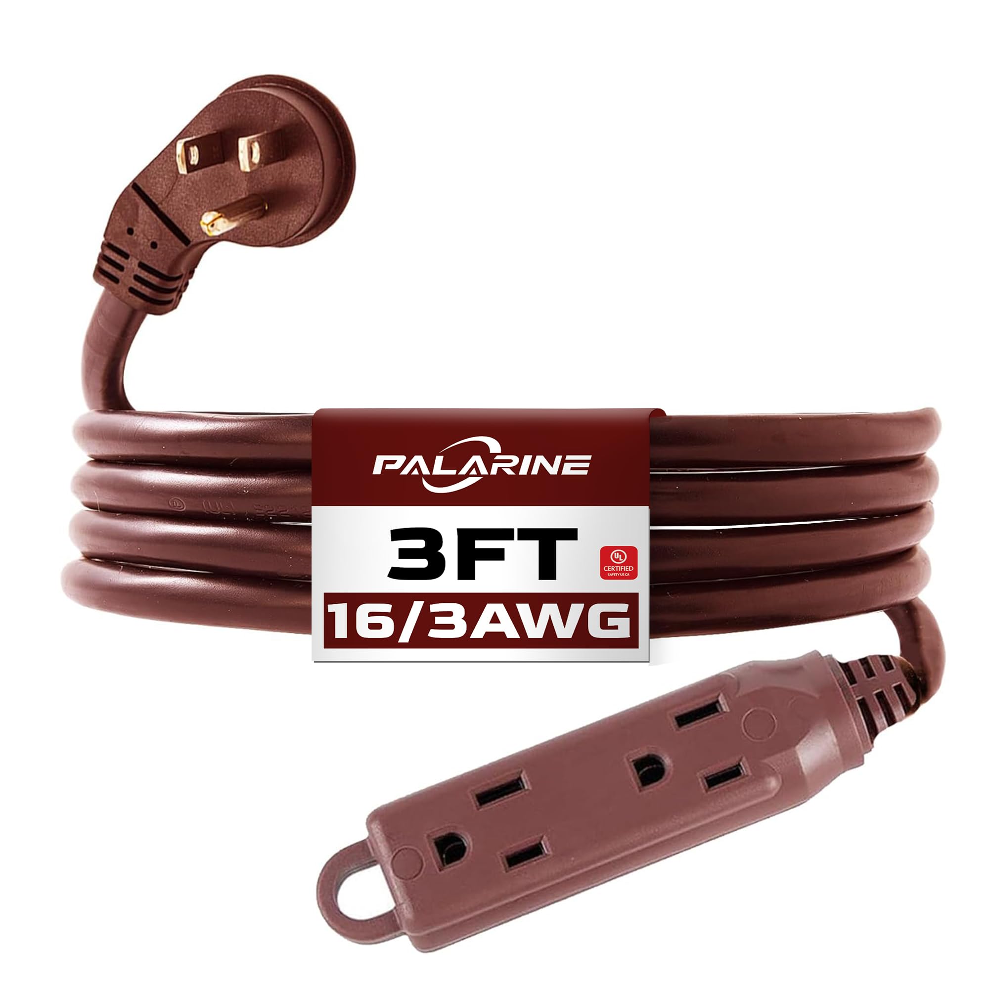 PALARINE Indoor Extension Cord 3 Outlets Flat Plug Power Strip, UL Listed, 16 Gauge 3 ft Brown 3 Prong Heavy Duty, 16/3 SJTW 13A Outlet Extender