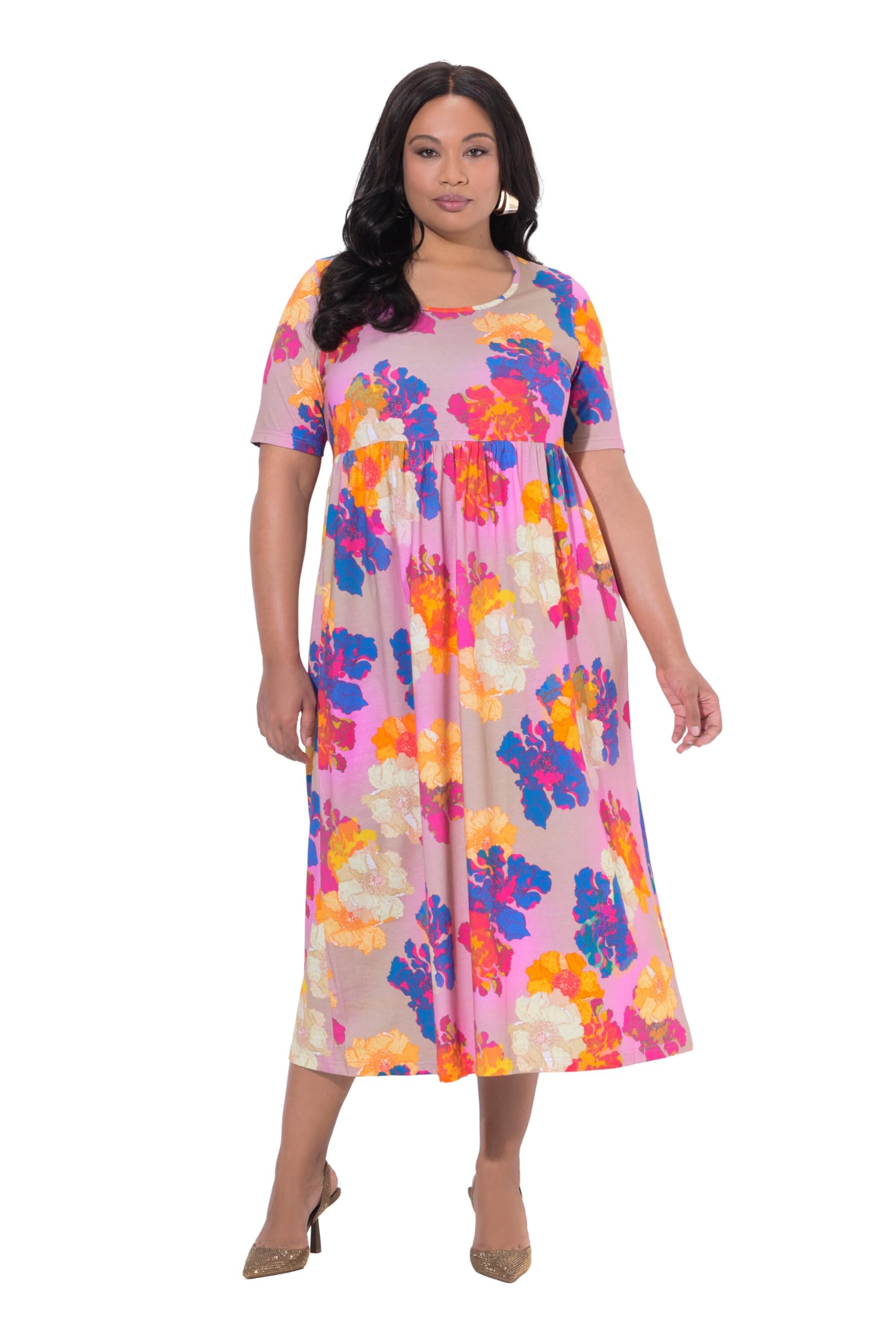Ulla Popken Damen große Größen Übergrößen Plus Size Maxikleid, Blüten, A-Linie, Rundhals, Halbarm, Taschen 847562