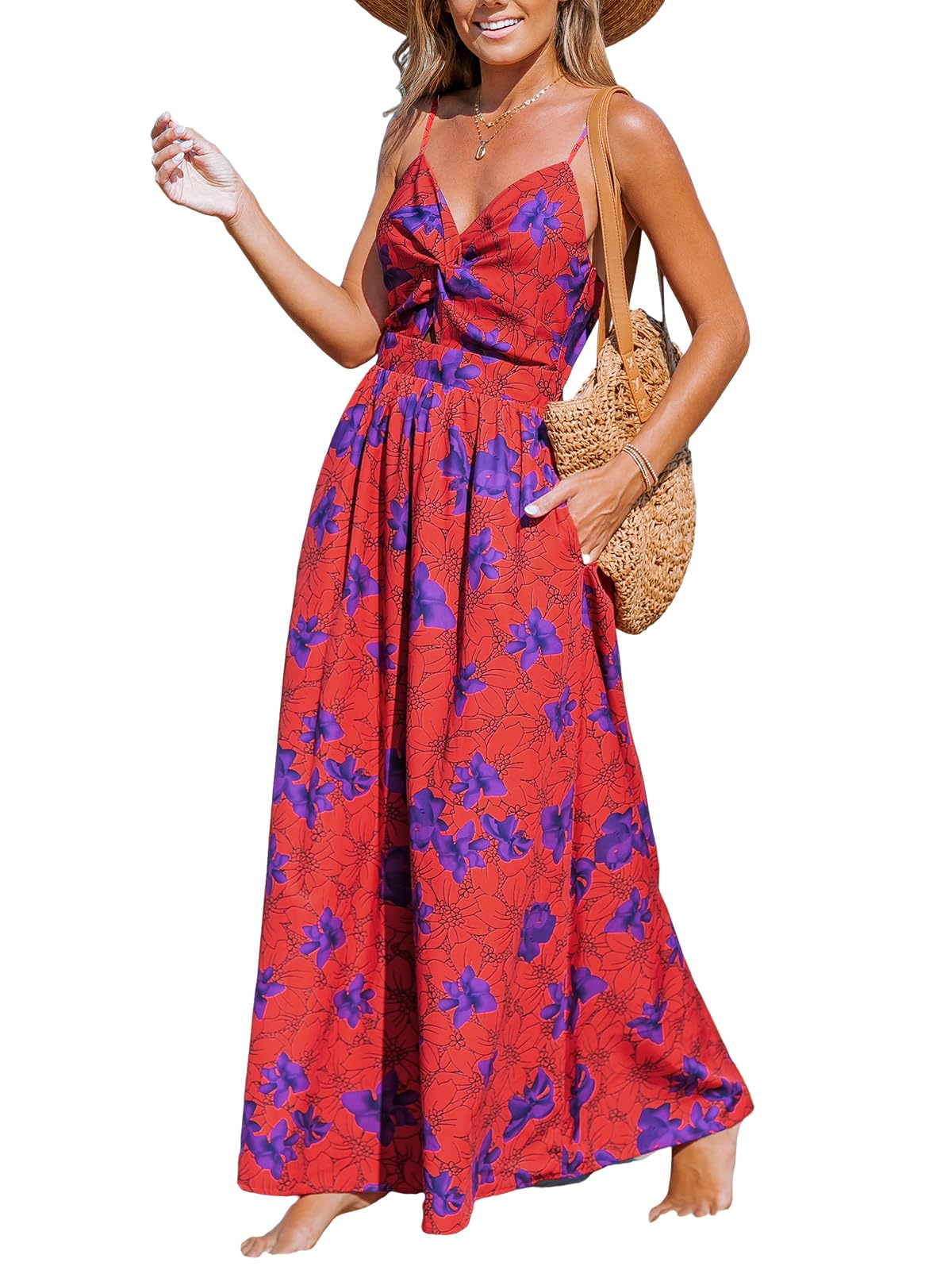 CUPSHE Women's Summer Dress, V-Neck, Twist Front, Boho Strappy Casual Camisole Dress, for Beach, Party, Purple floral pattern.
