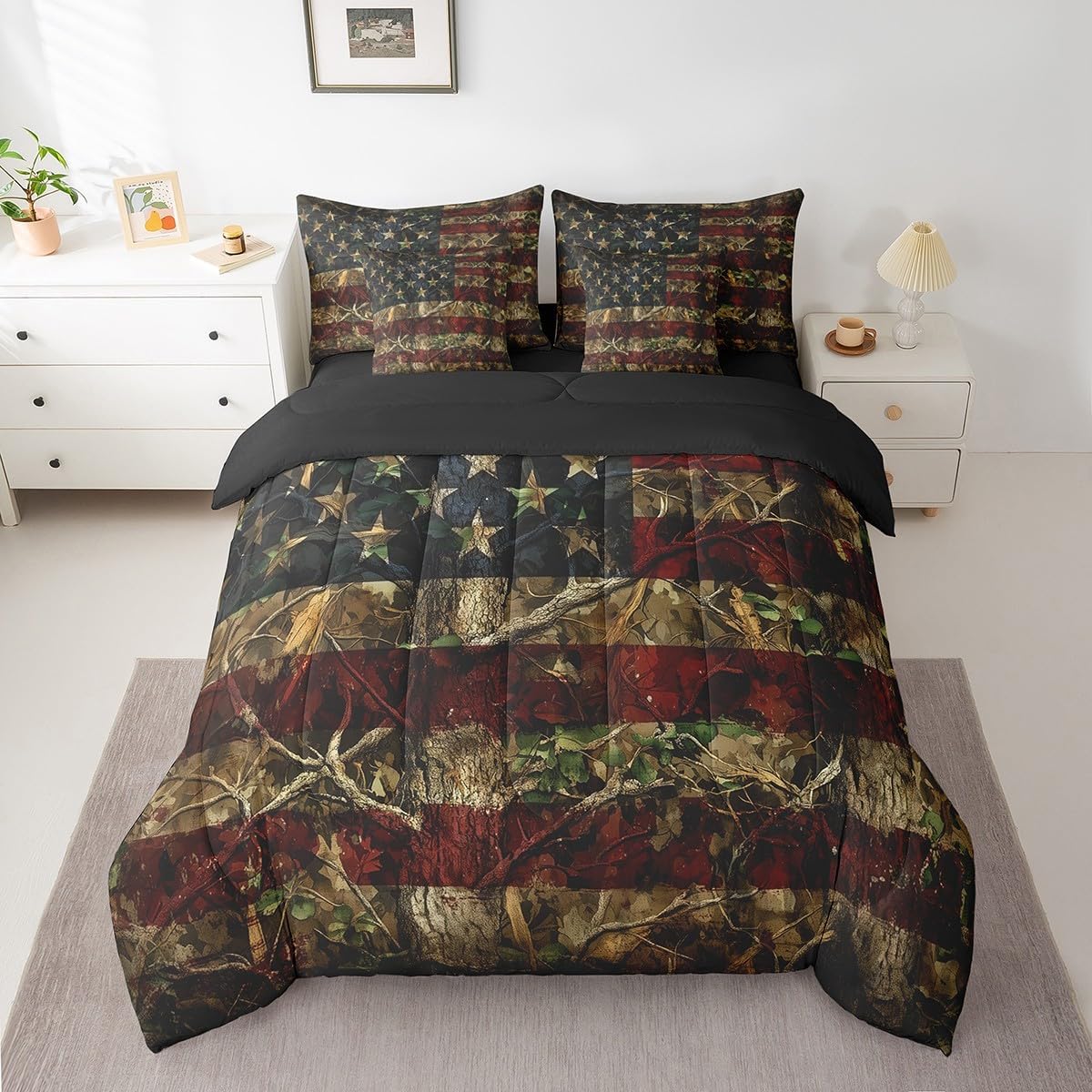 Erosebridal American Flag Bed in A Bag Rustic Woodland Camo Bedding Set Tree Camouflage Hunting Queen Comforter Set with Sheets 7 Piece for Boys Teen Men,Farmhouse Cabin Lodge Bed Set