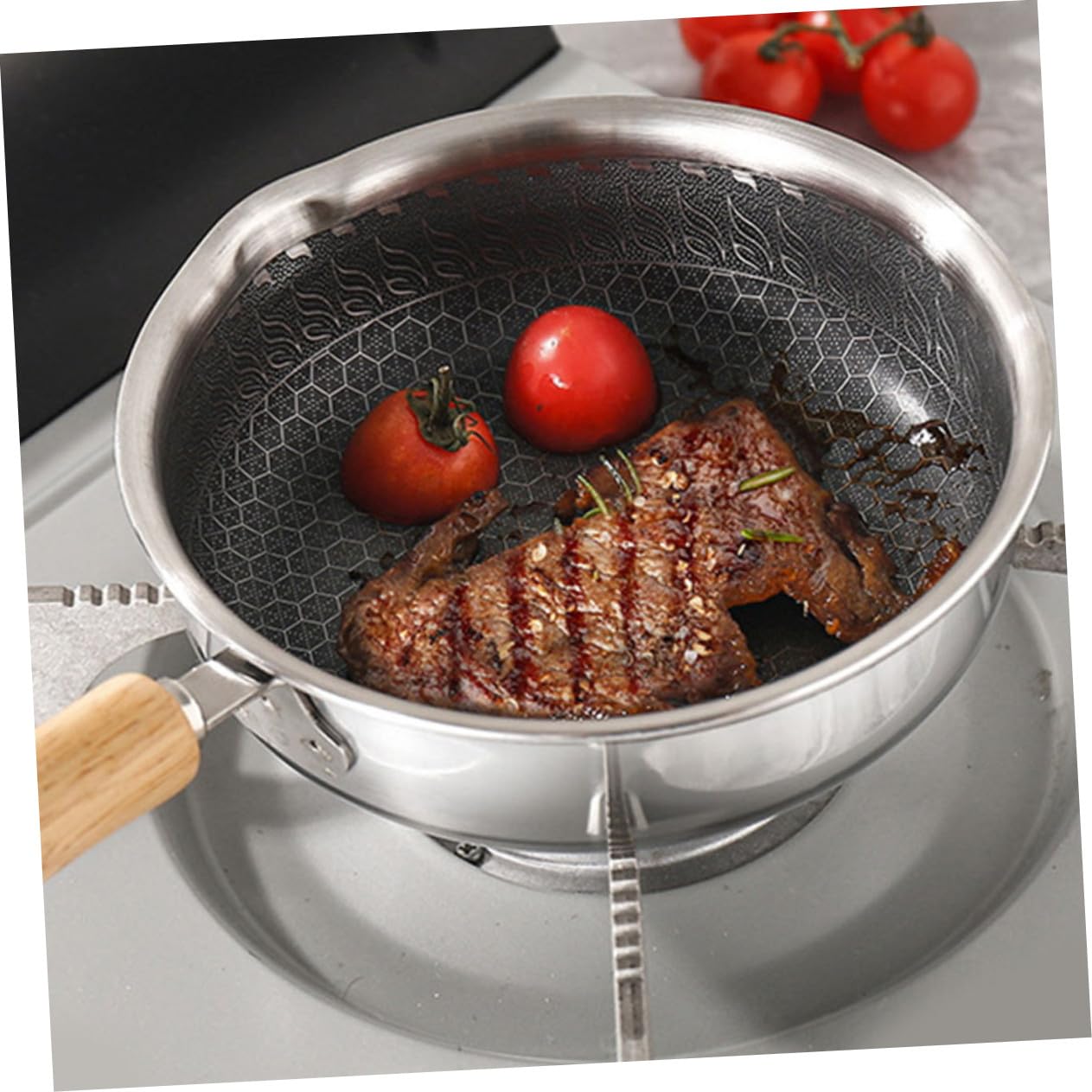 iplusmile Padella Antiaderente in Acciaio Inossidabile Con Manico in Legno Fondo Piatto e Rivestimento a Nido D'alveare Per Fritture Leggere Adatta Piani Induzione Gas Ed Elettrici Per Uova