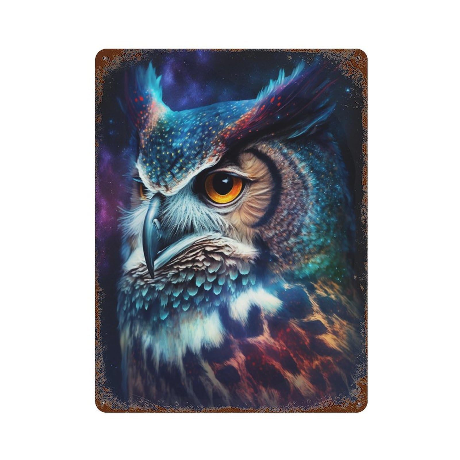 Garage Style Cosmic Owl Portrait Distressed Metal Wall Sign 15.7"x11.8", Retro Wall Decor for Bar And Workshop