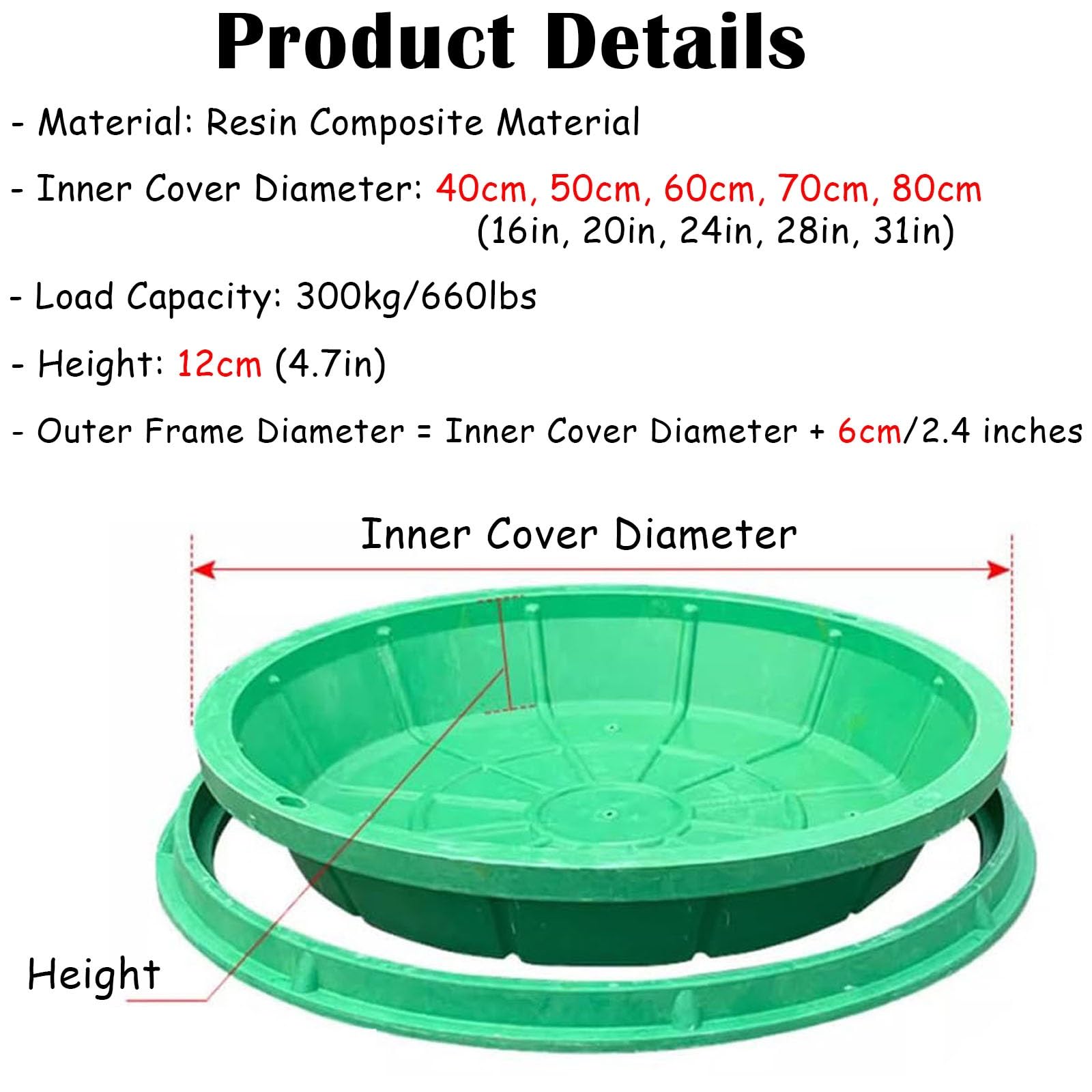 4 coperture per pozzetti da esterno in resina verde, diametro 60 cm, altezza 12 cm, design per case e aziende, ideali per ispezioni e paesaggistica