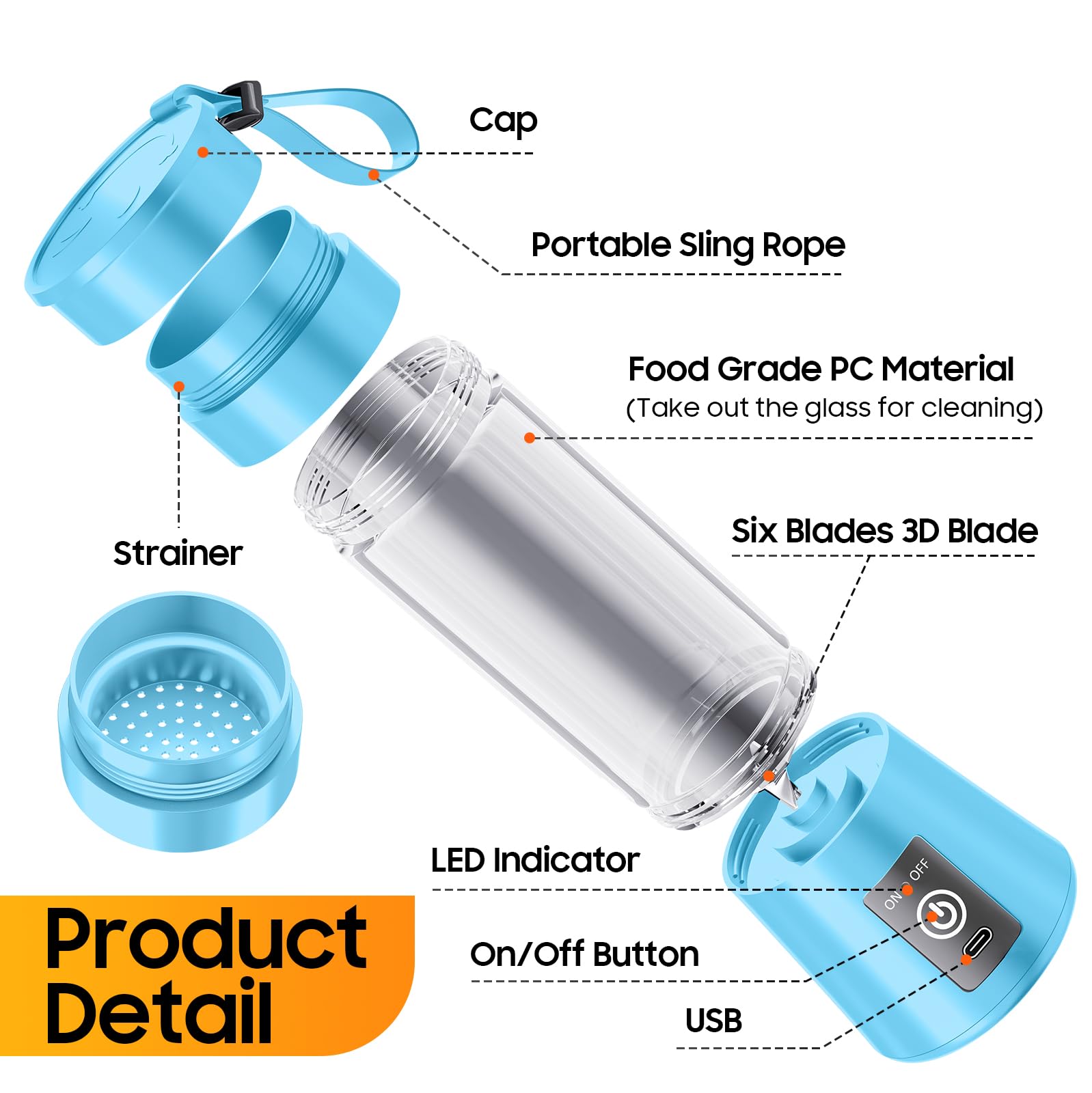 Licuadora portátil inalámbrica para batidos y batidos, mini licuadora recargable mejorada de 13 onzas con 6 cuchillas de acero inoxidable, velocidad de 20000 rpm/mínimo, conveniente jugo exprimido en