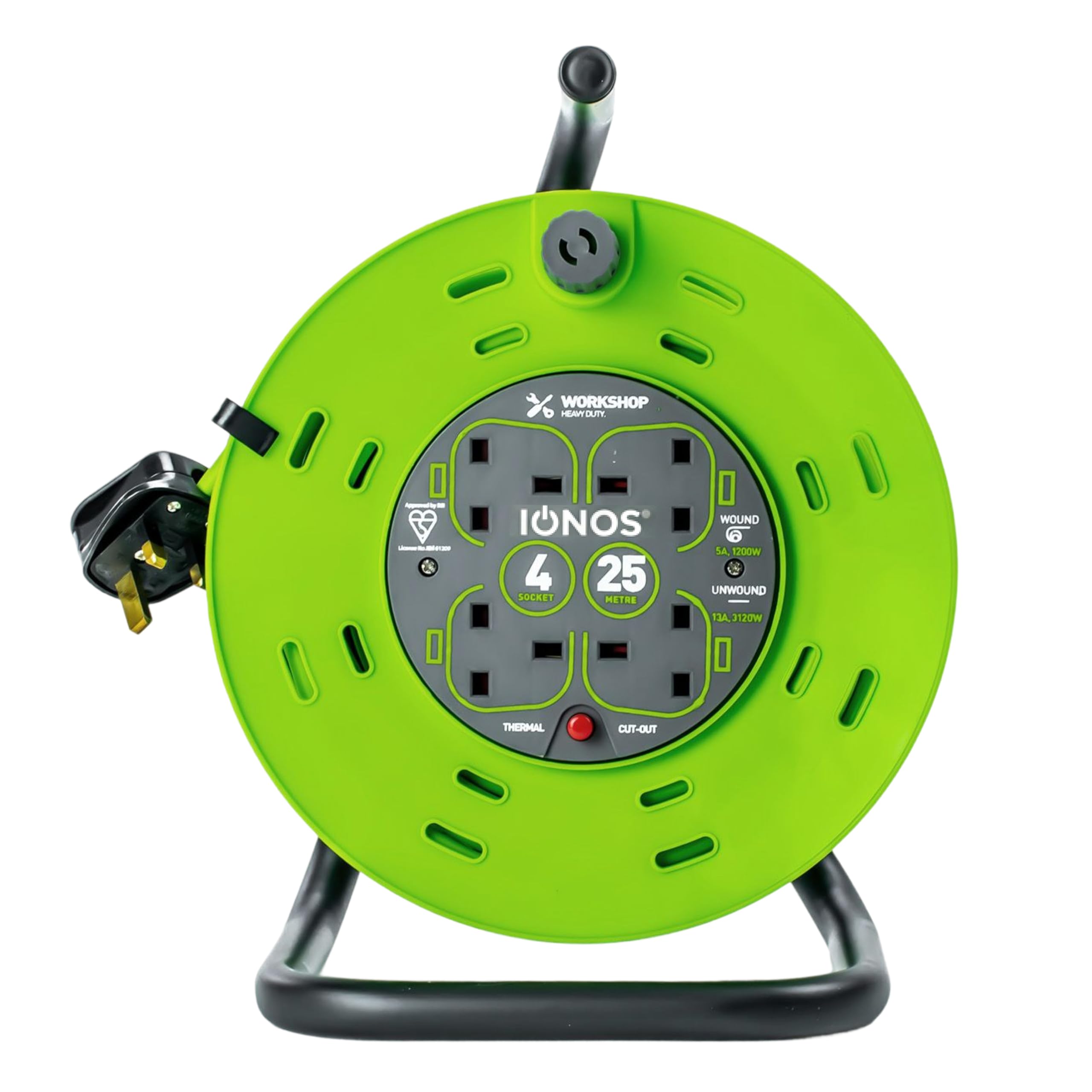 IONOS 2 Socket Cable Reel, 10m, Green Extension Lead, 13A with Thermal Cut Out, Heavy Duty Outdoor Extension Lead (ION13A10MCR6) — view 11