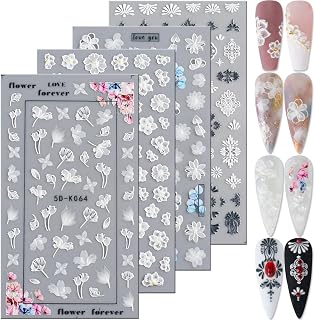 KINGMAS 5D Flower Nail Art Sticker Decals Hollow Exquisite Pattern Nail Art Supplies Self-Adhesive Luxurious DIY Nail Art Decoration White Lace Flower Leaf Carving Design