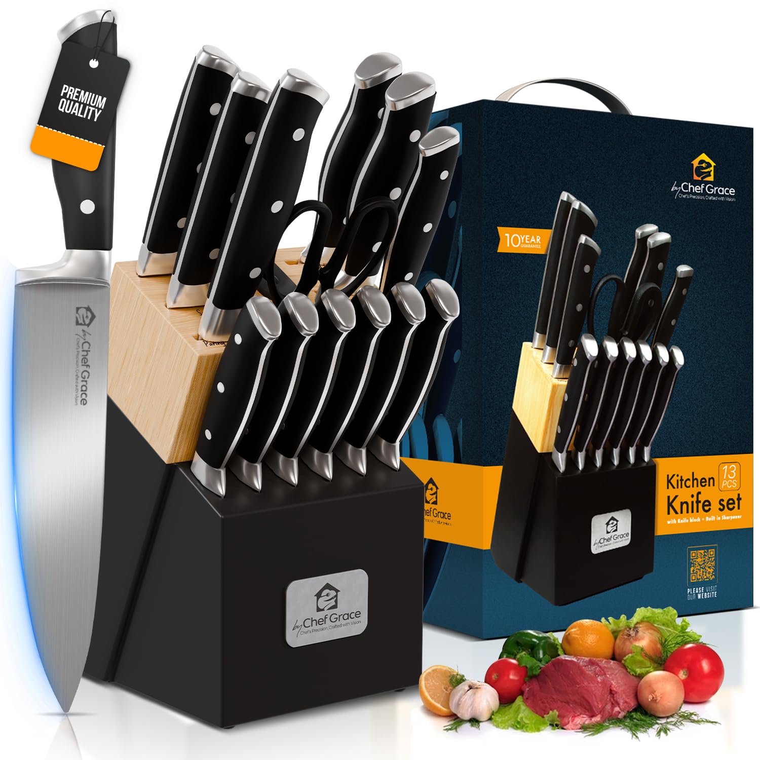 Chef Grace 13pc Kitchen Knife Set with Wooden Block + Built in Sharpener. German Stainless Steel, Triple-Rivets, Ergonomic. Includes Chef, Bread, Carving, Utility, Steak & Paring Knives + Scissors
