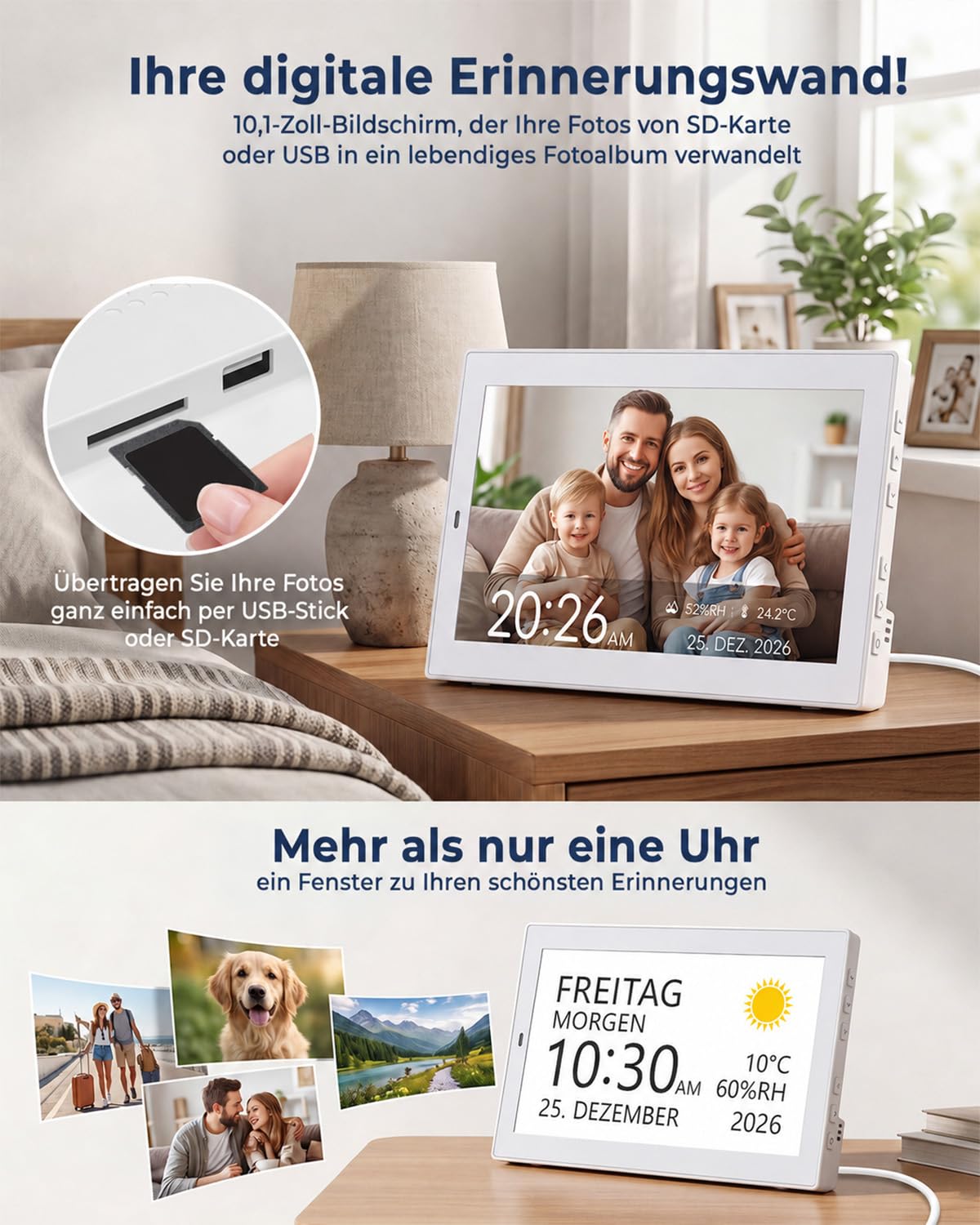 ROCAM Demenzuhr Senioren 10,1 Zoll Digitaler Wecker mit Kalender | 20 Alarmen und Erinnerungen, Großes IPS Display, Datum, Wochentag, Temperatur, Luftfeuchtigkeit, Foto-Diashow über USB/SD