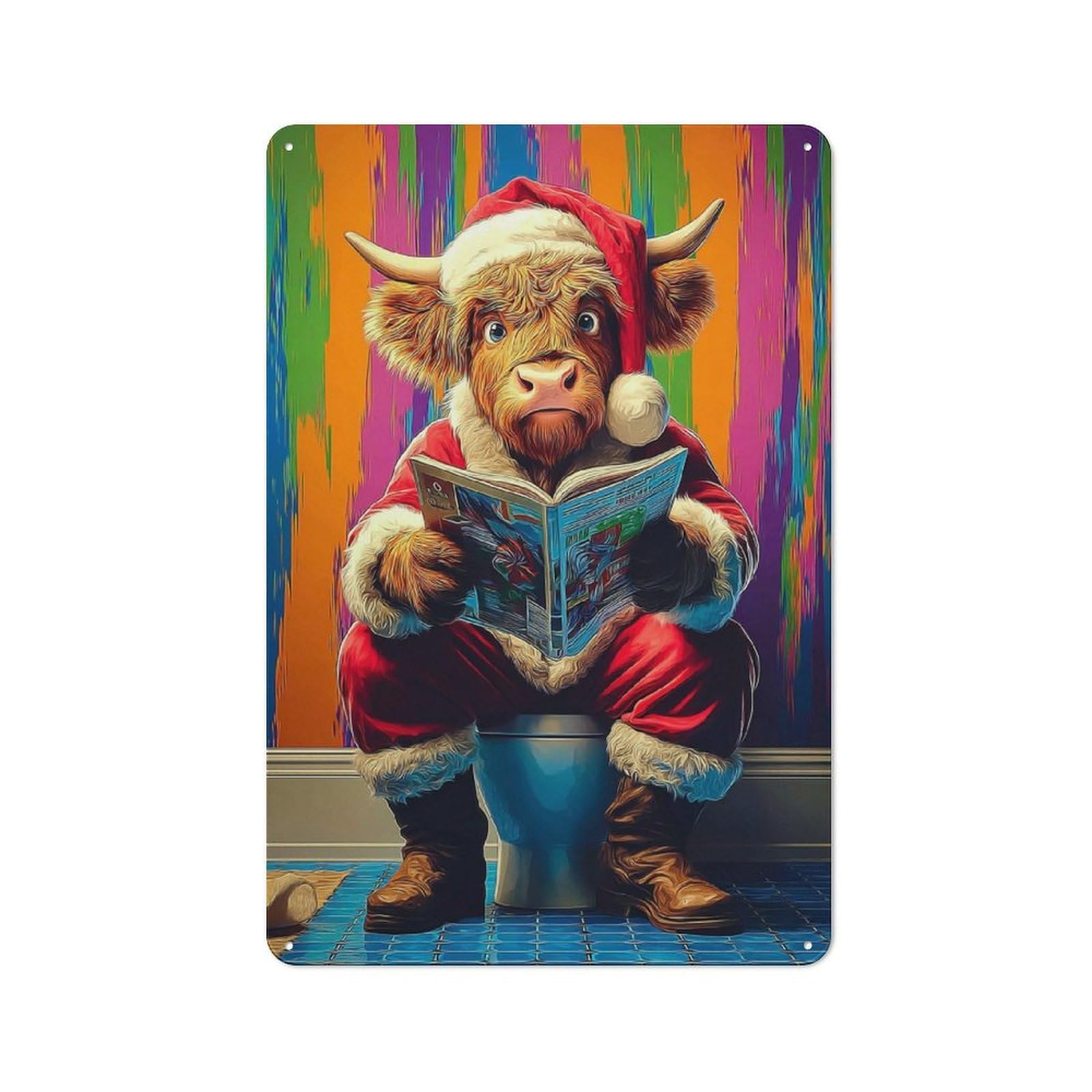 Junmoney Santa Cow Reading On The Toilet Metal Wall Sign 30X20cm Featuring For Garage Or Workshop, For Vintage Wall Decor Fans, For Metal Sign Collectors