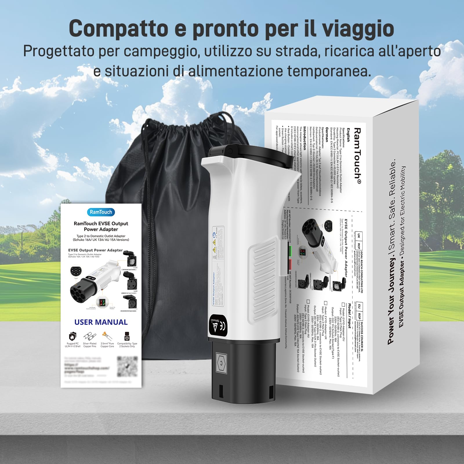 Adattatore Tipo 2 a Schuko per Colonnine di Ricarica & Wallbox (230 V, 16 A, 3,68 kW, IP44) | Spina Tipo 2 a Presa Schuko per E-Bike, Monopattini, Moto e Microcar Elettriche (non per V2L)